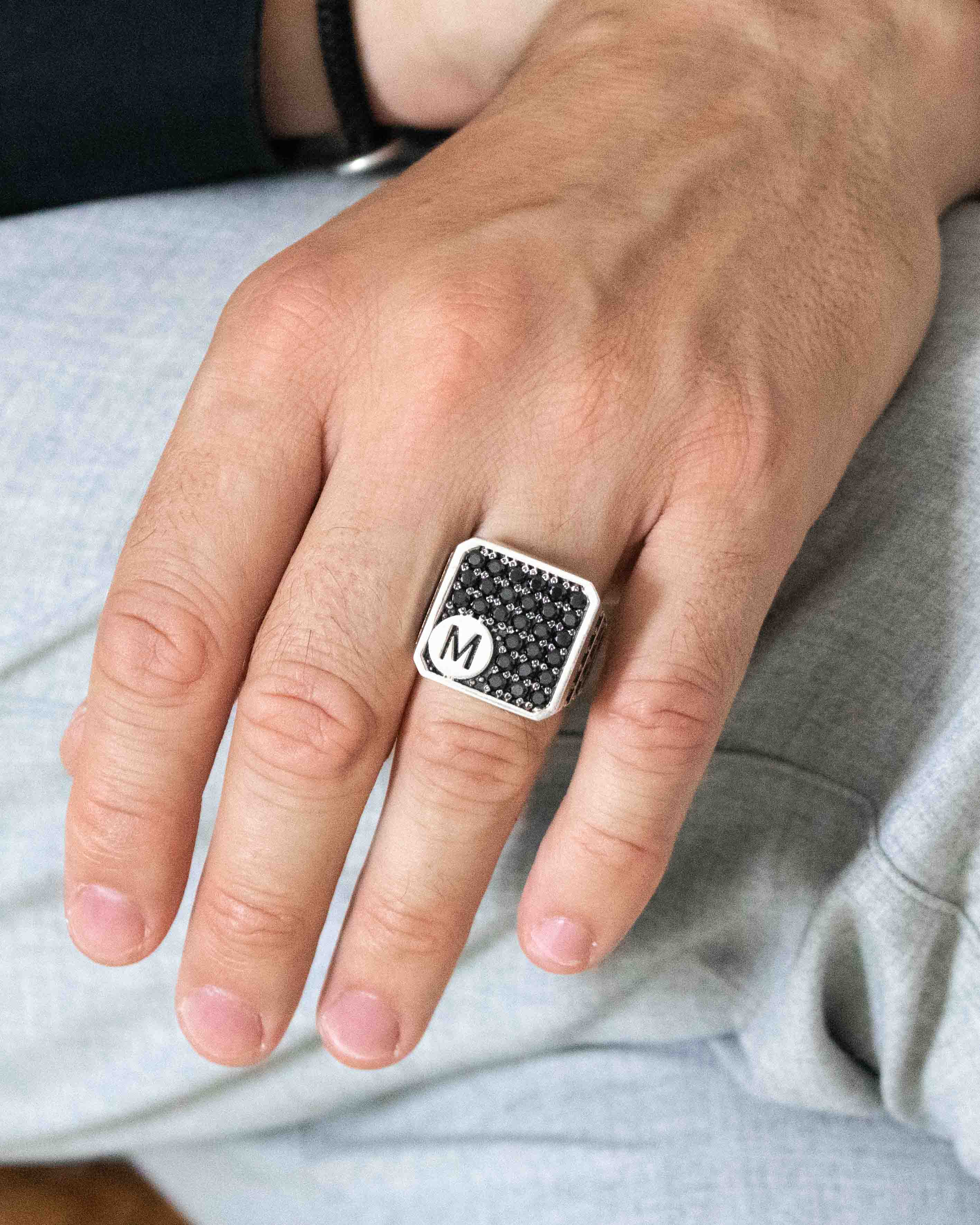 Chunky Silver Letter Signet Ring with Black Stones