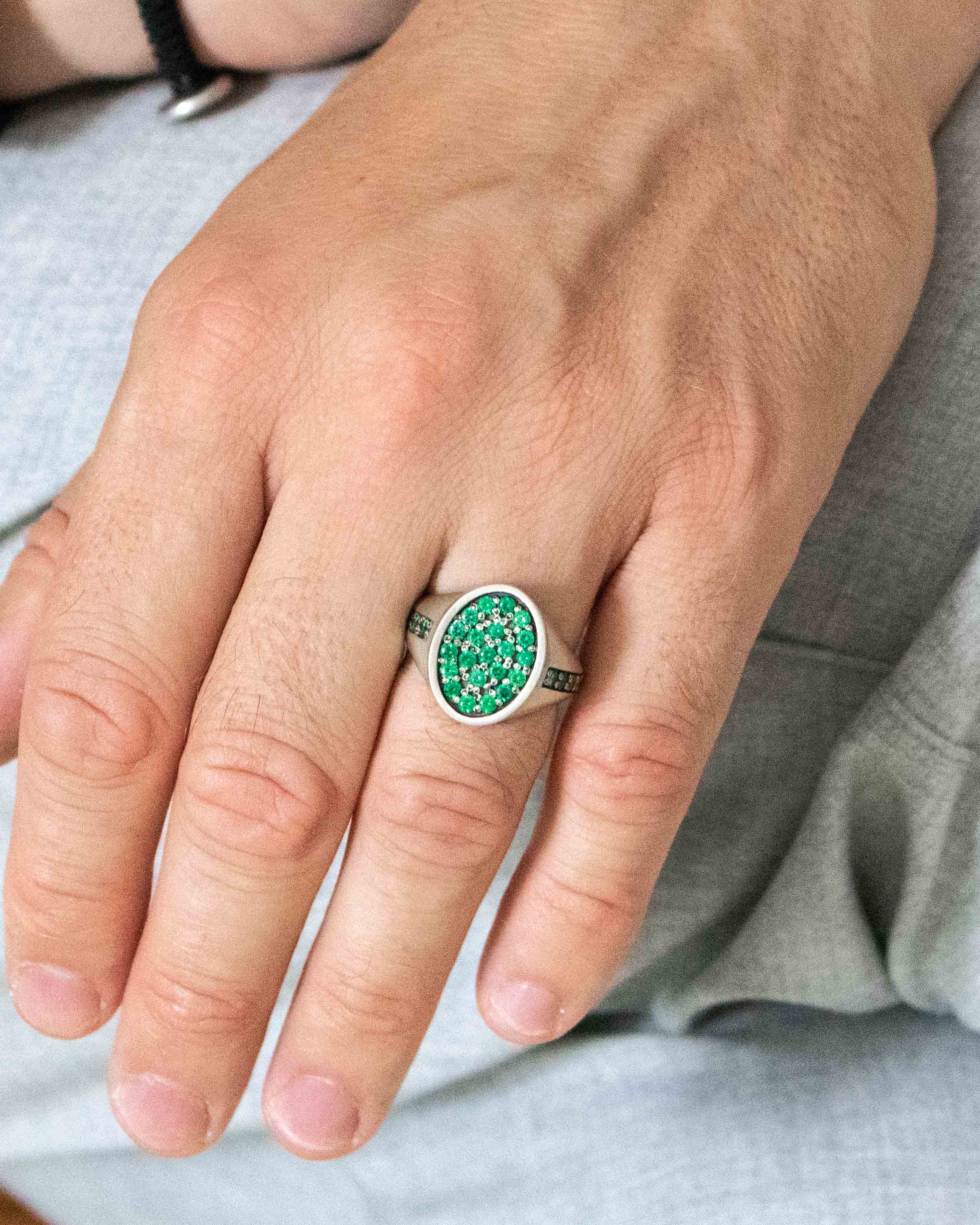 Silver Oval Shape Signet Ring Emerald Cubic Zirconia