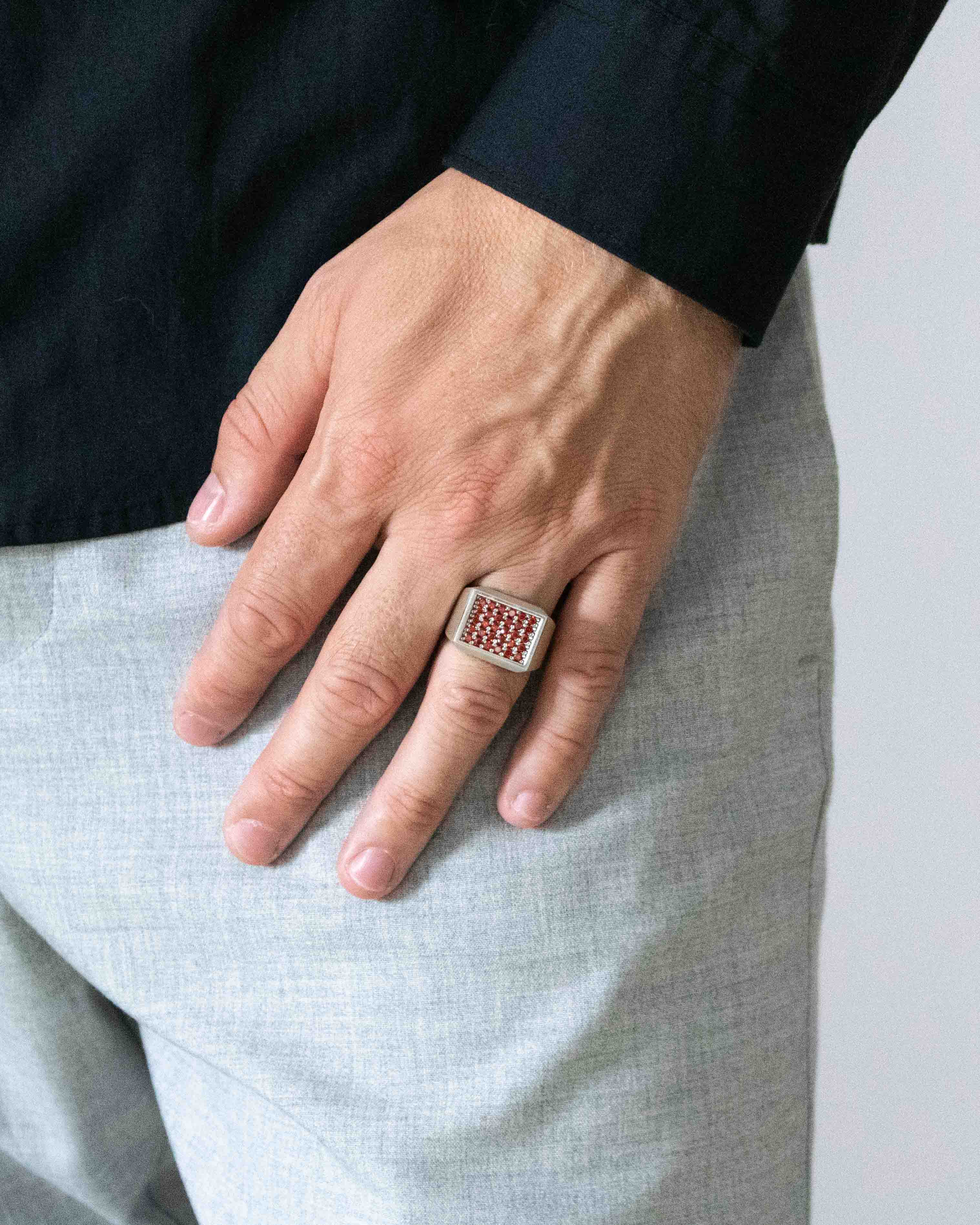 Garnet Pinky Signet Ring for Men in Sterling Silver