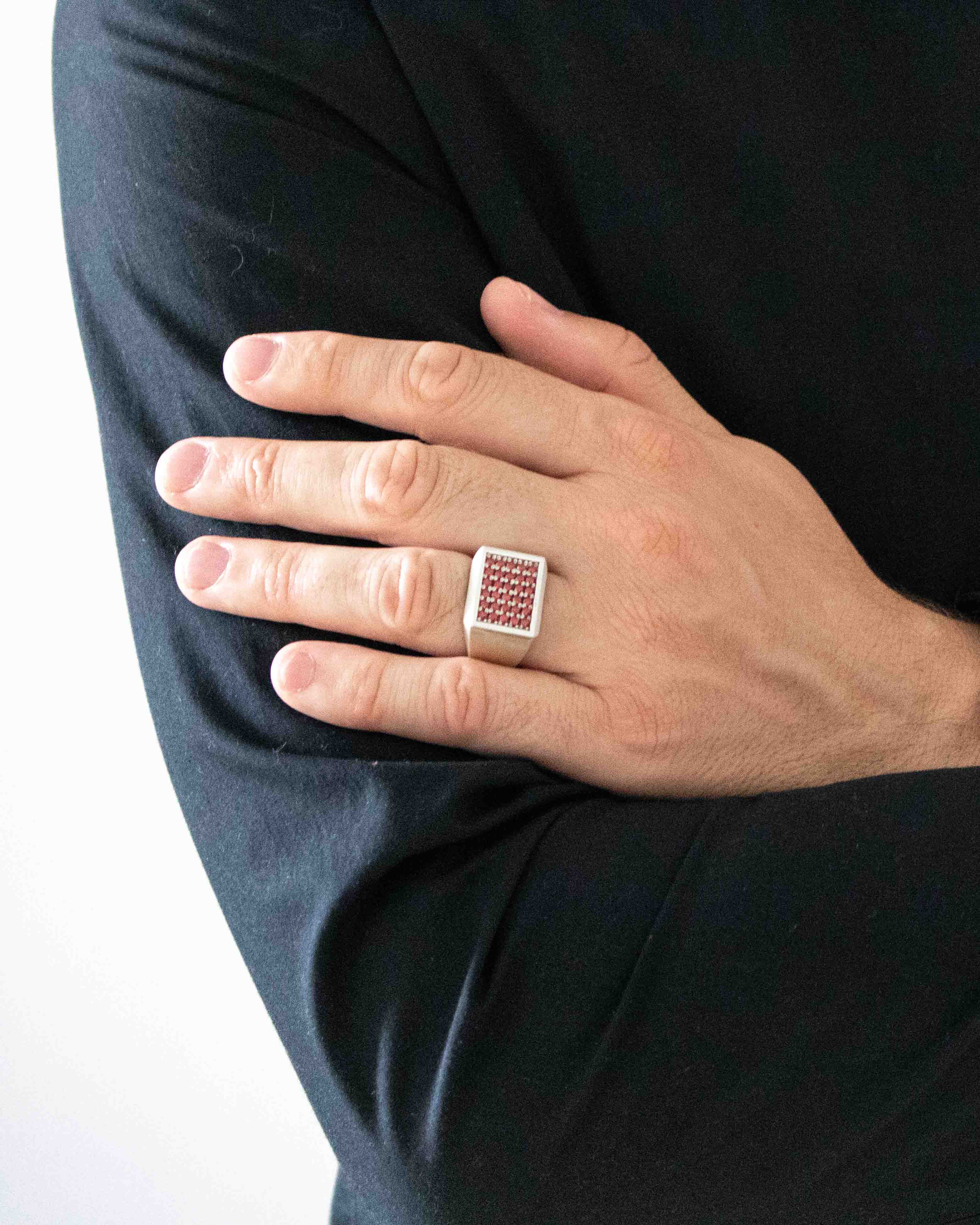 Garnet Pinky Signet Ring for Men in Sterling Silver