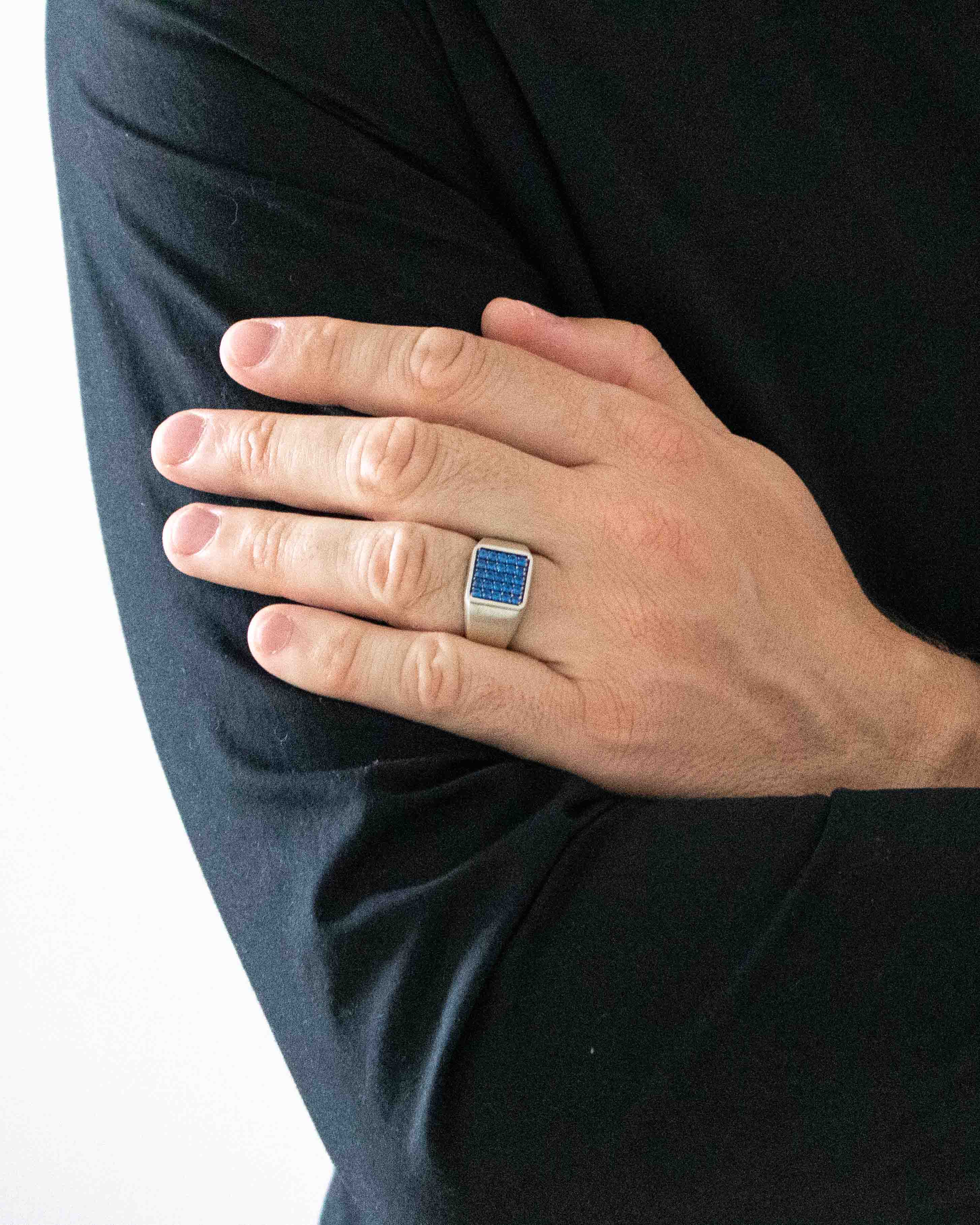 Square Silver Signet Ring Blue Sapphire CZ Multi Stone