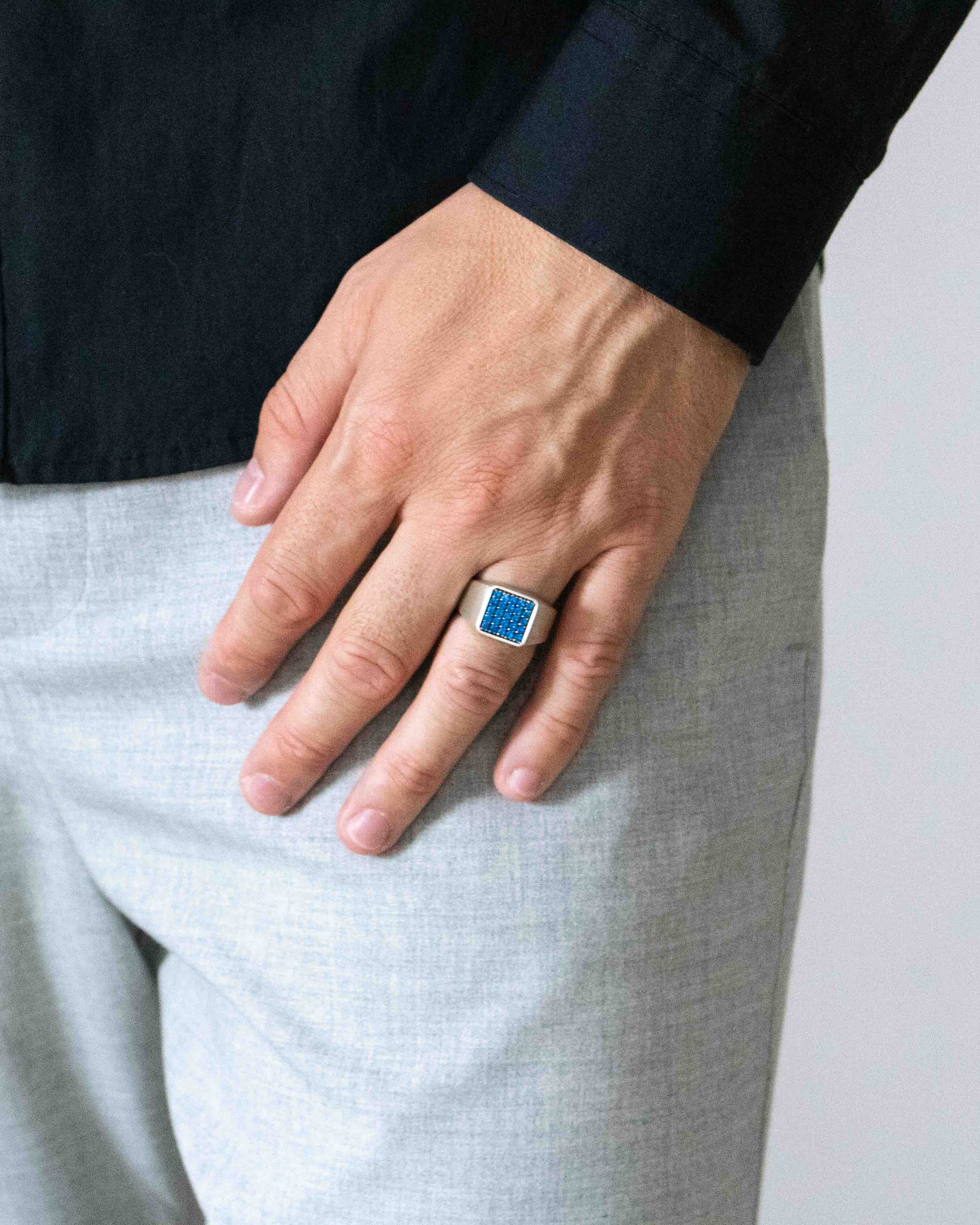 Square Silver Signet Ring Blue Sapphire CZ Multi Stone