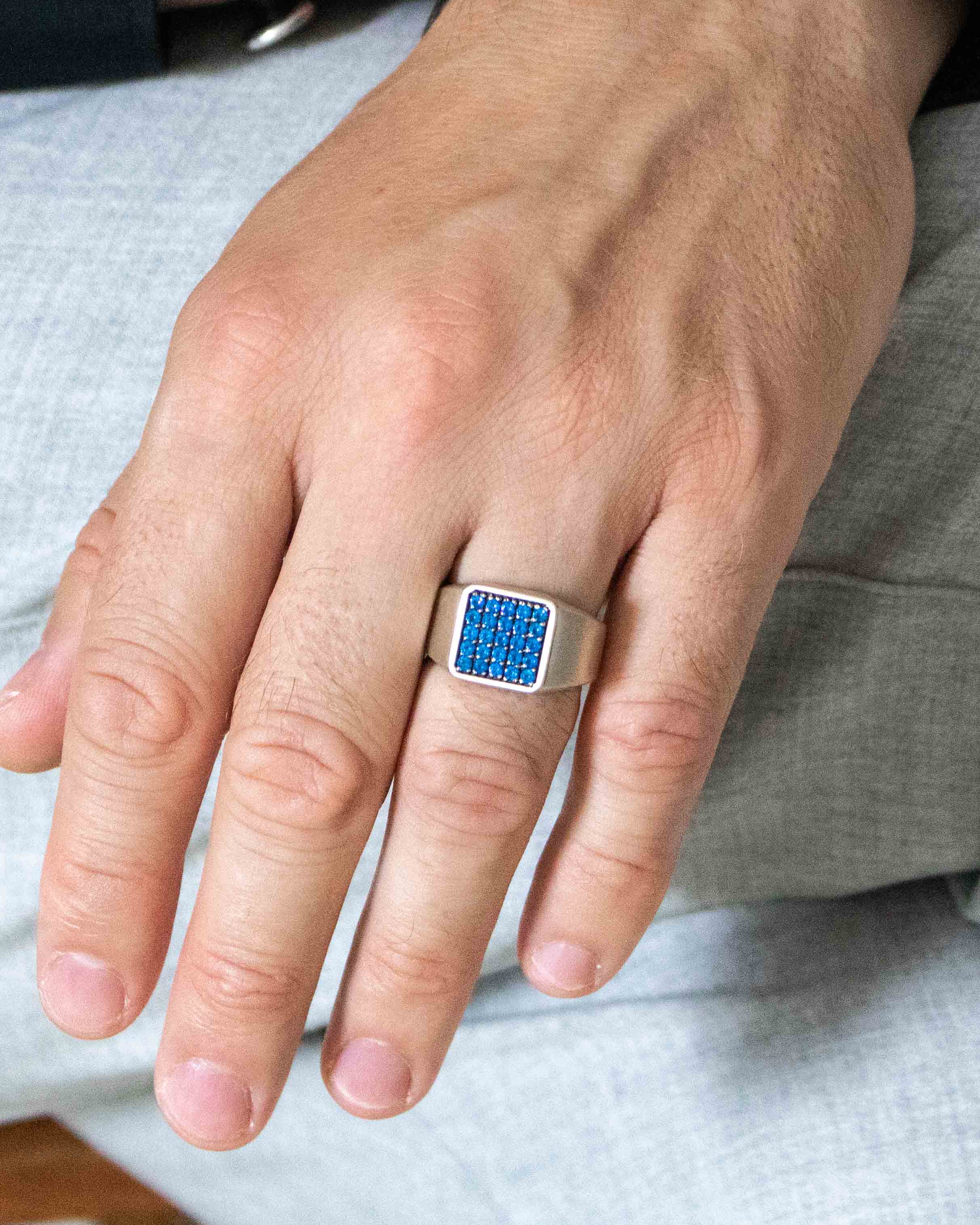 Square Silver Signet Ring Blue Sapphire CZ Multi Stone