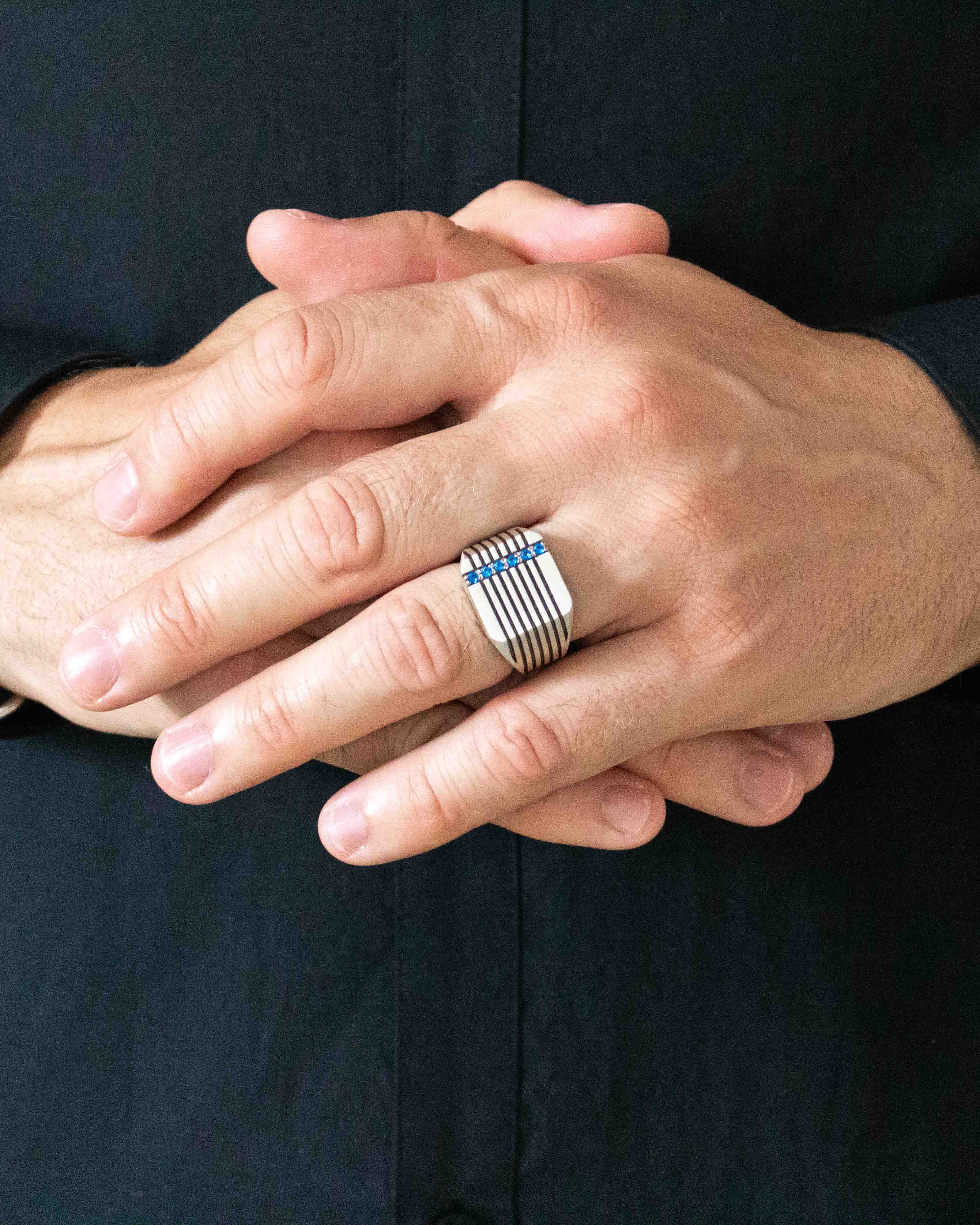 Silver Square Signet Ring Blue Stones & Brutal Stripes