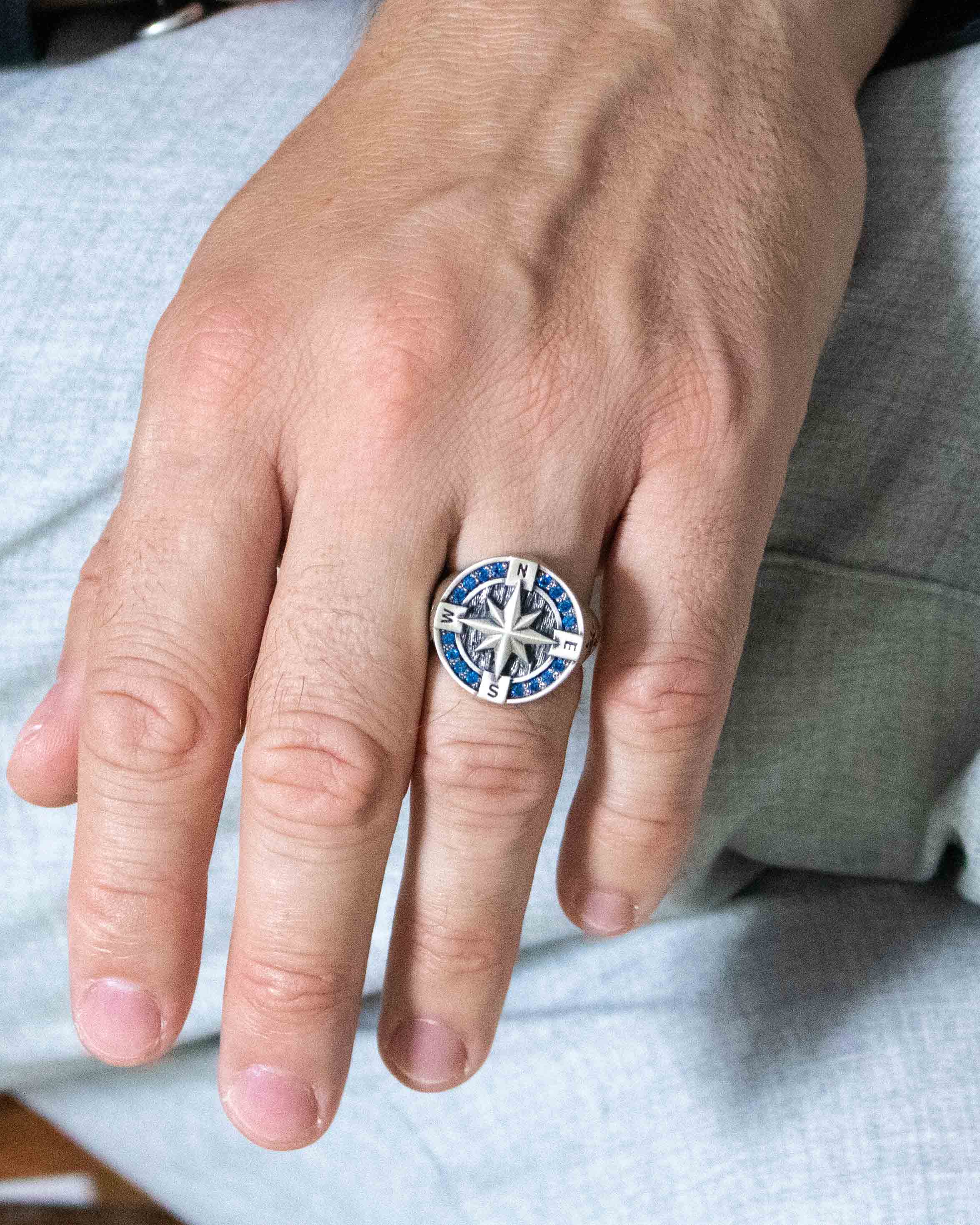 Round Silver Compass Signet Ring with Blue Sapphire CZ