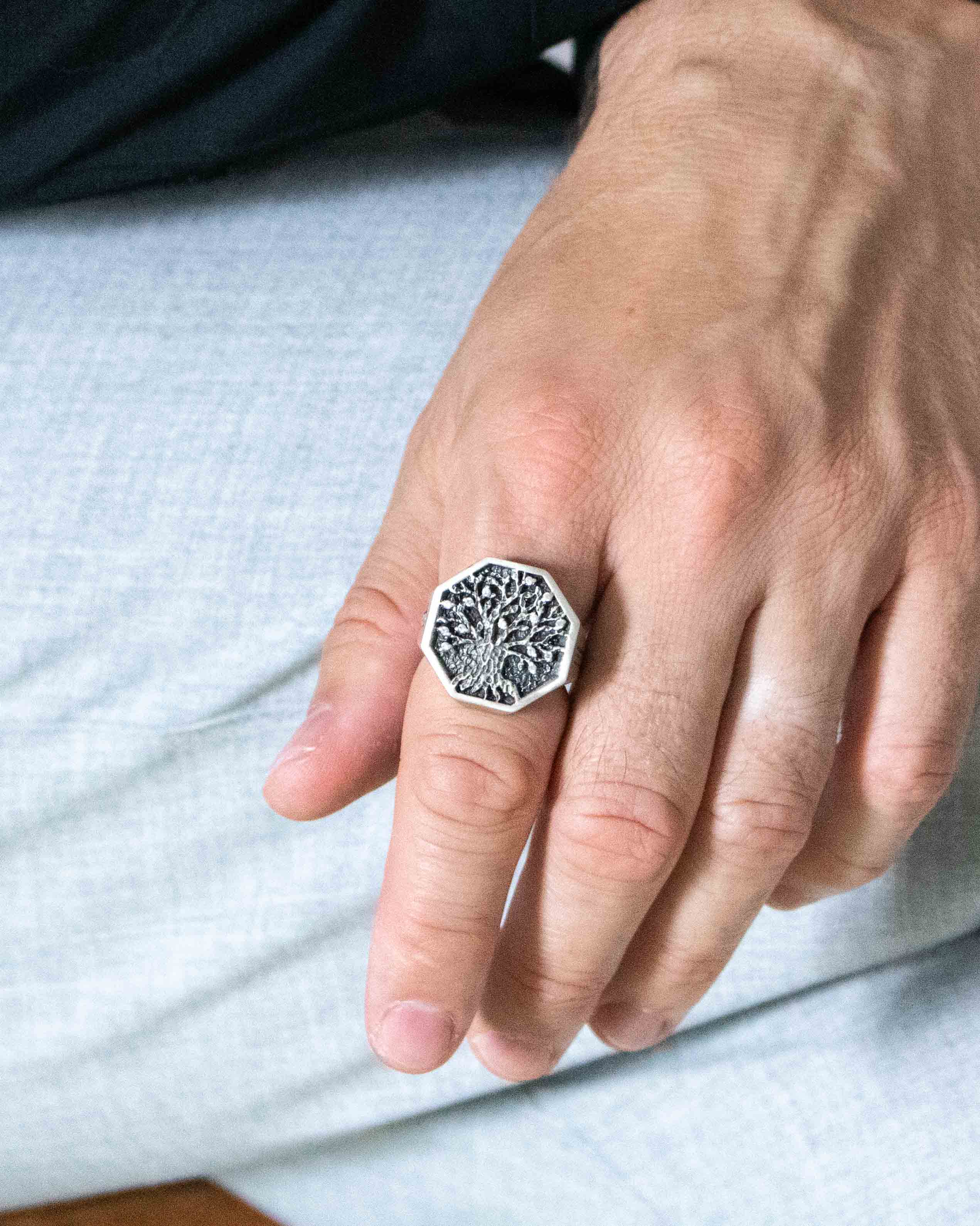 Celtic Tree of Life Octagon Signet Ring with White Gems