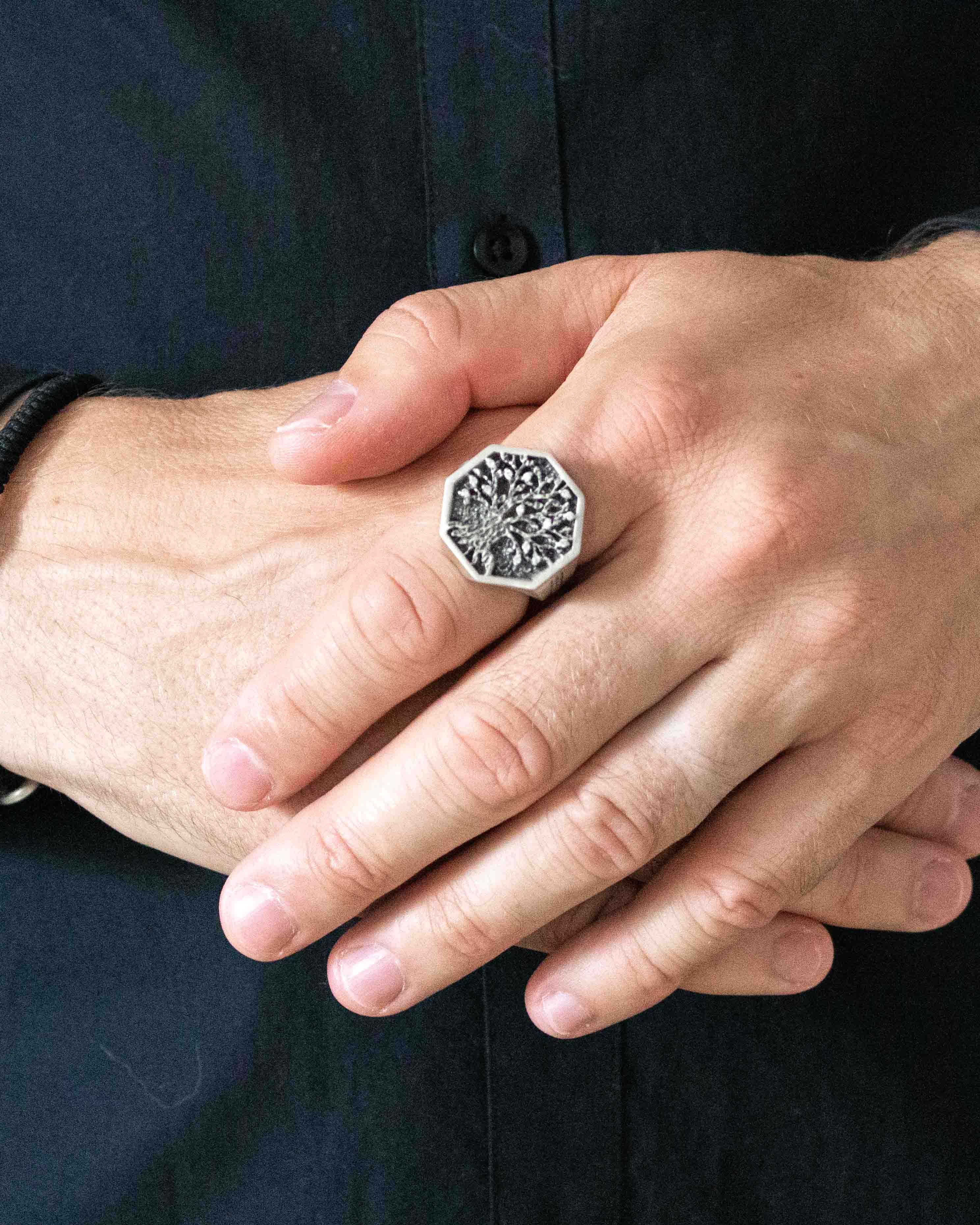 Celtic Tree of Life Octagon Signet Ring with White Gems