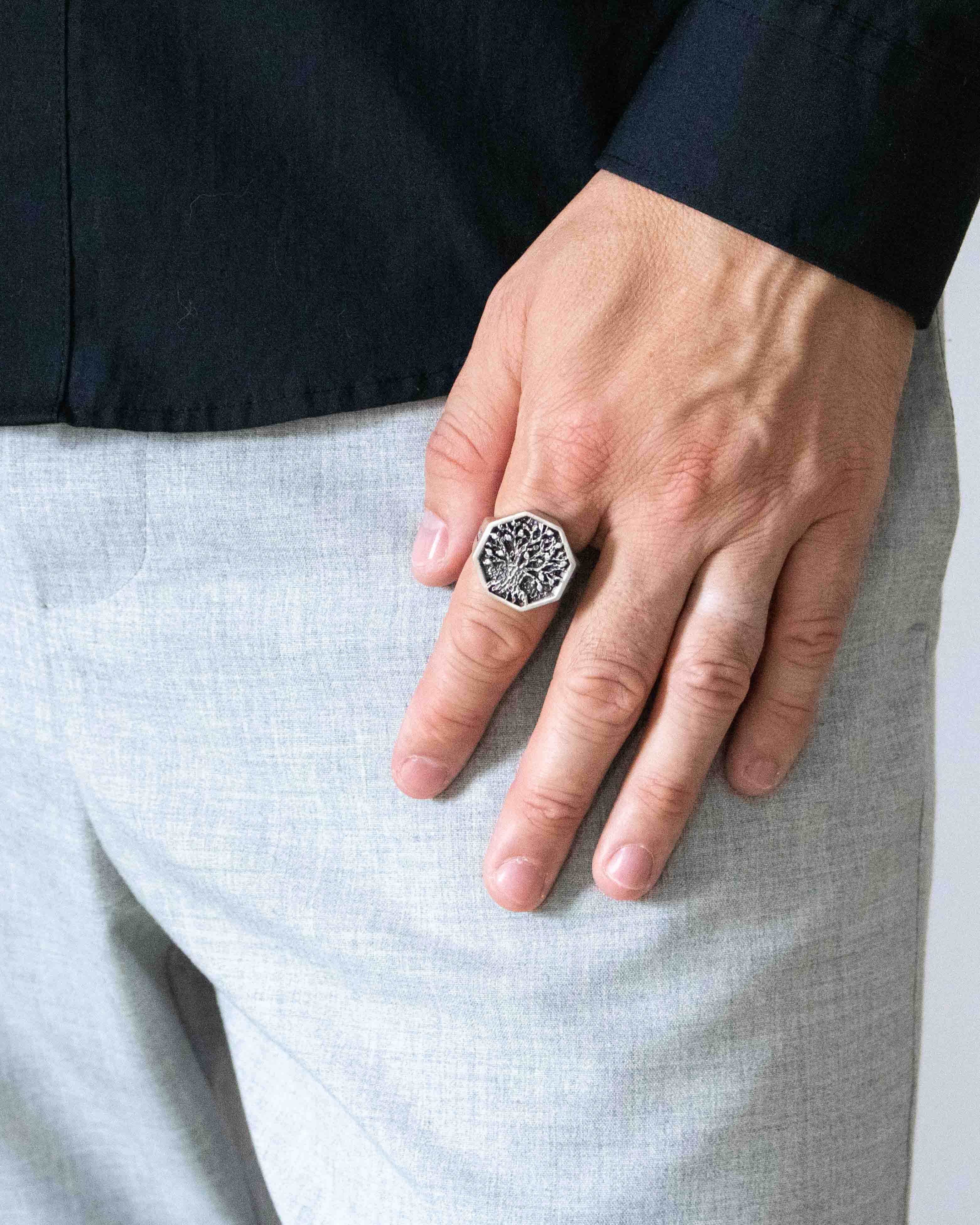 Celtic Tree of Life Octagon Signet Ring with White Gems