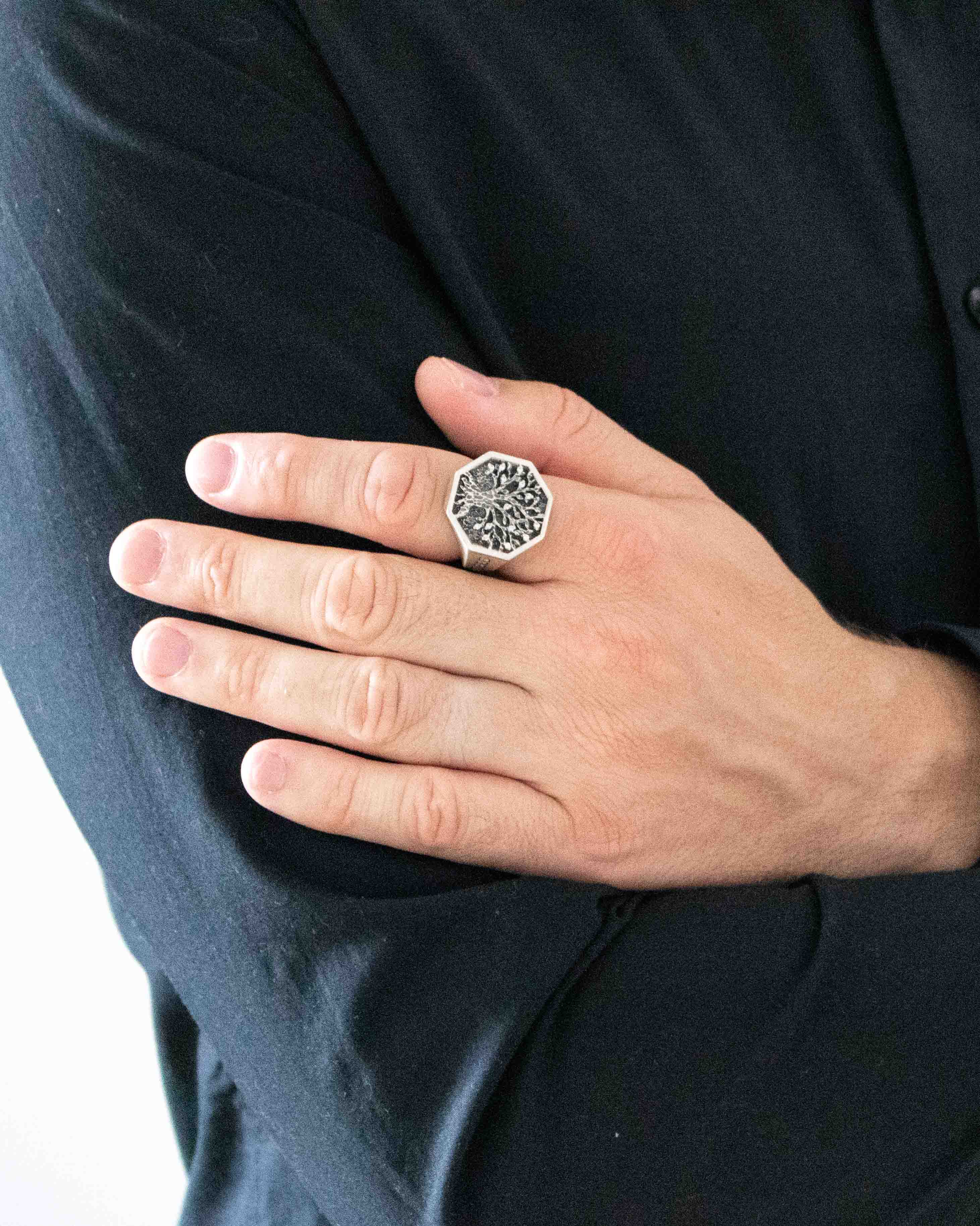 Celtic Tree of Life Octagon Signet Ring with White Gems