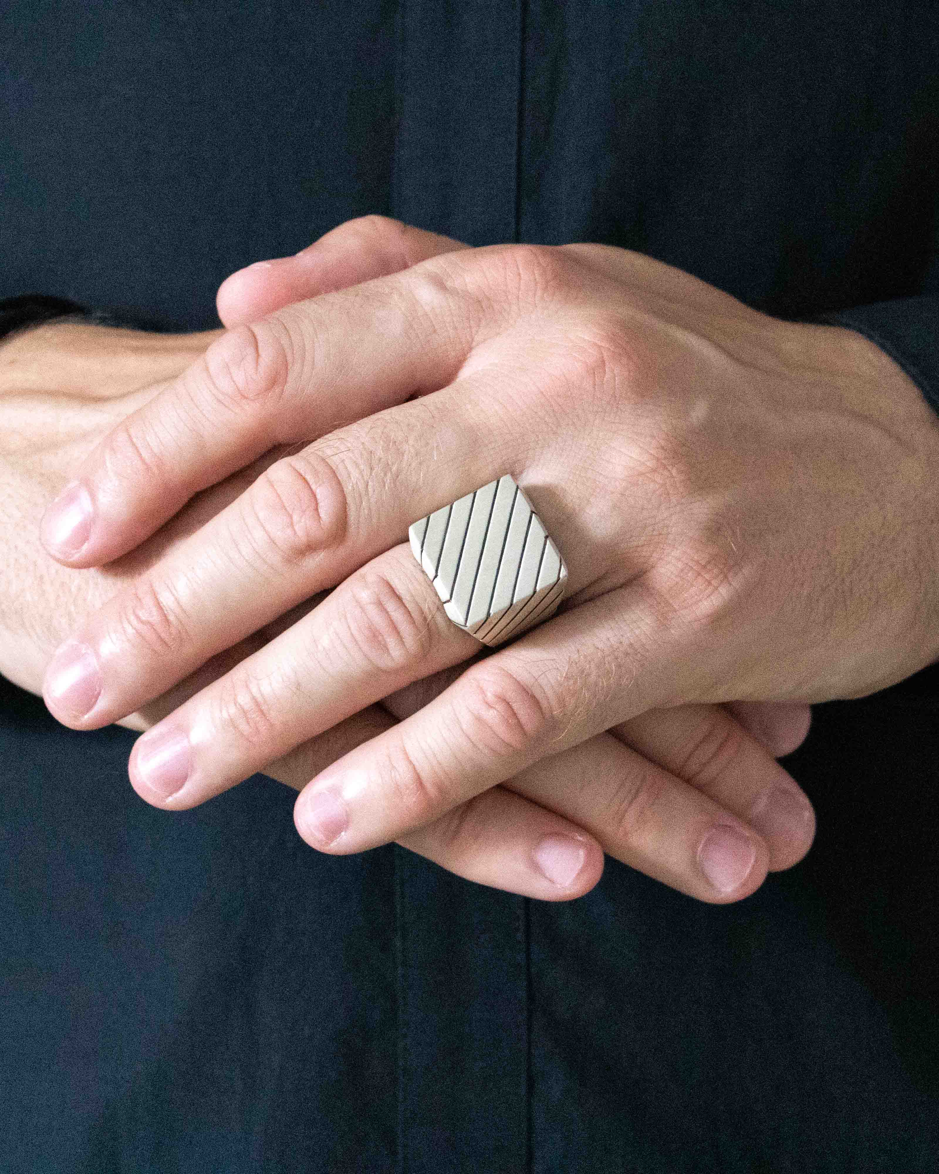 Engraved Square Signet Ring Stripes Minimalist Design