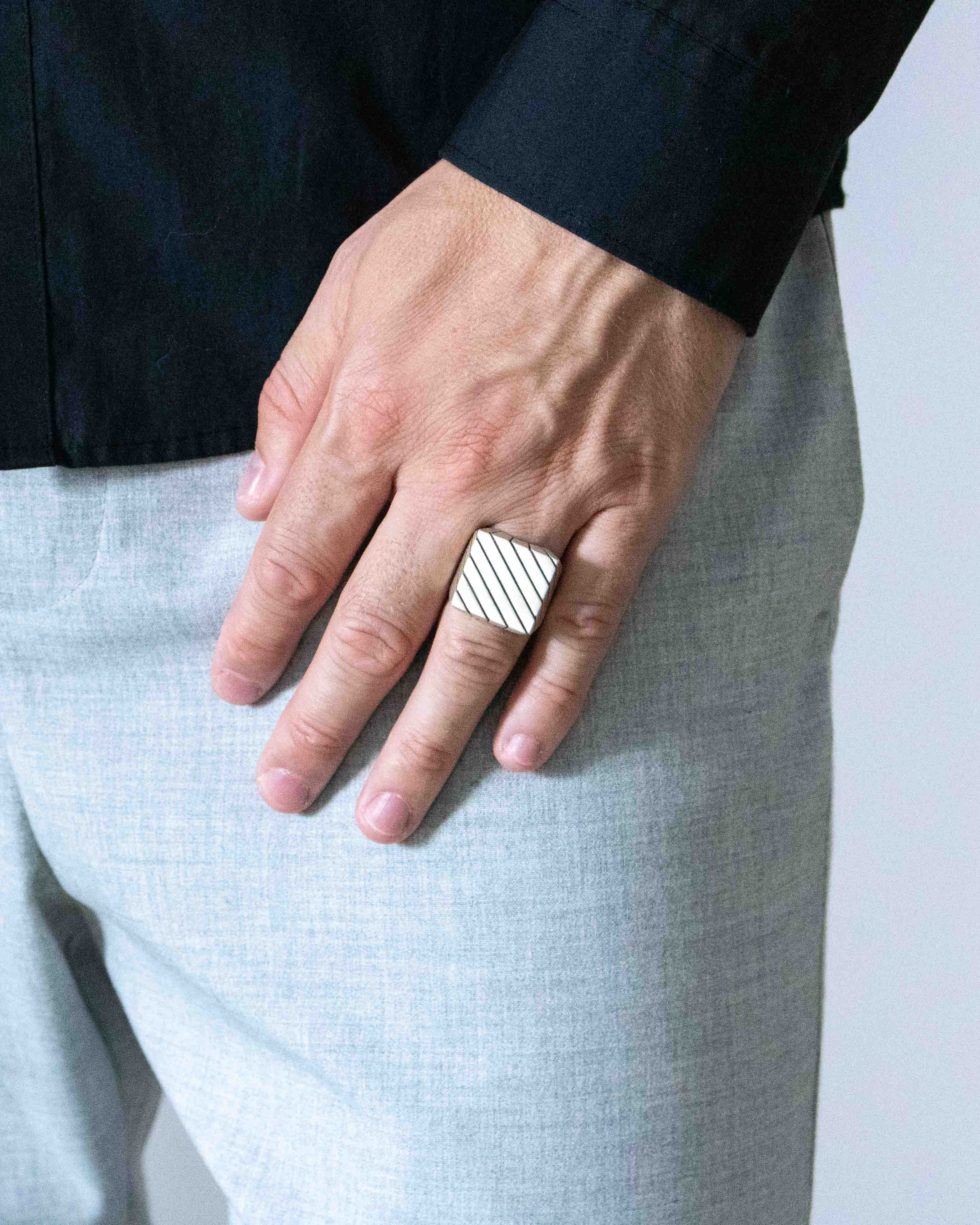 Engraved Square Signet Ring Stripes Minimalist Design