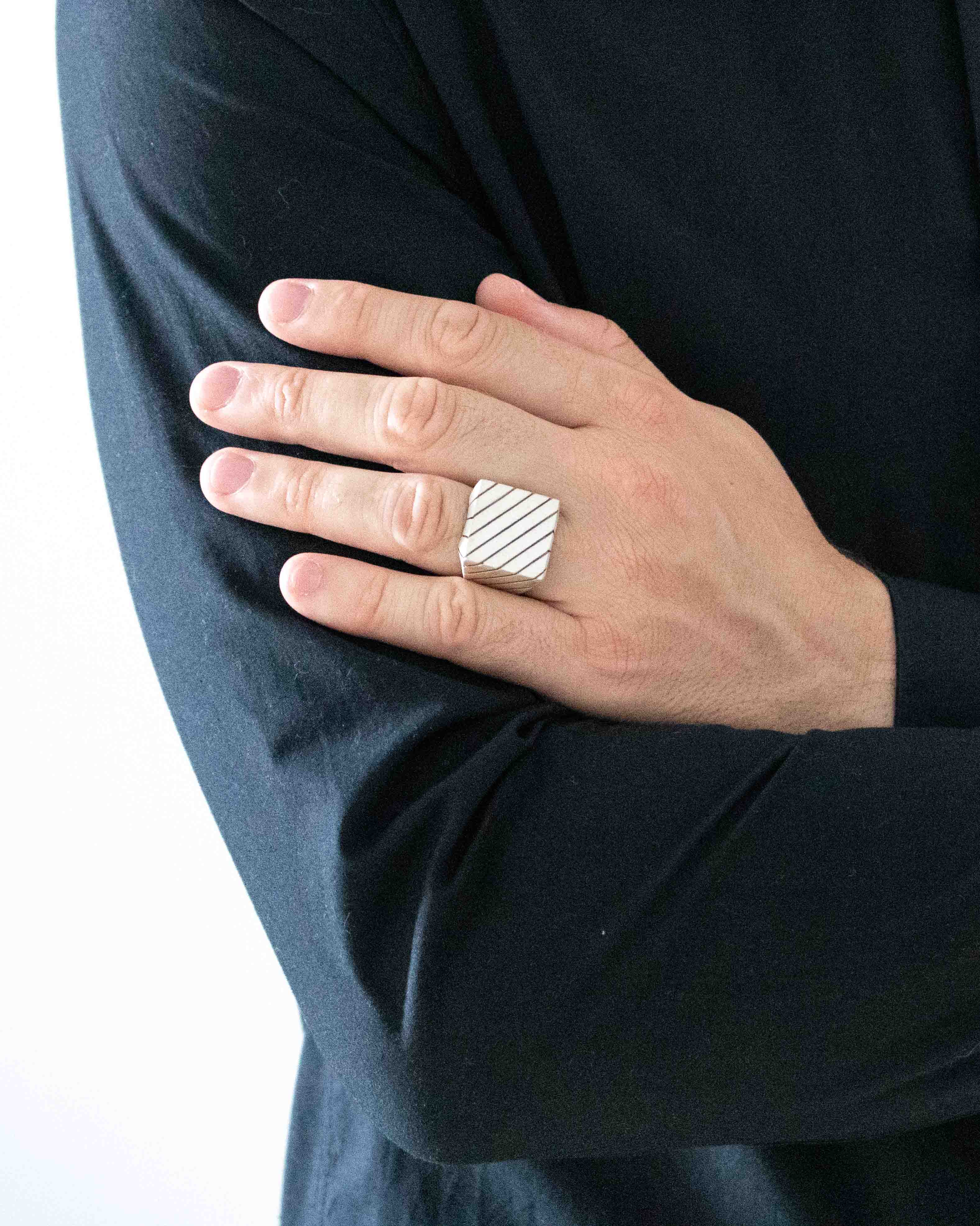 Engraved Square Signet Ring Stripes Minimalist Design