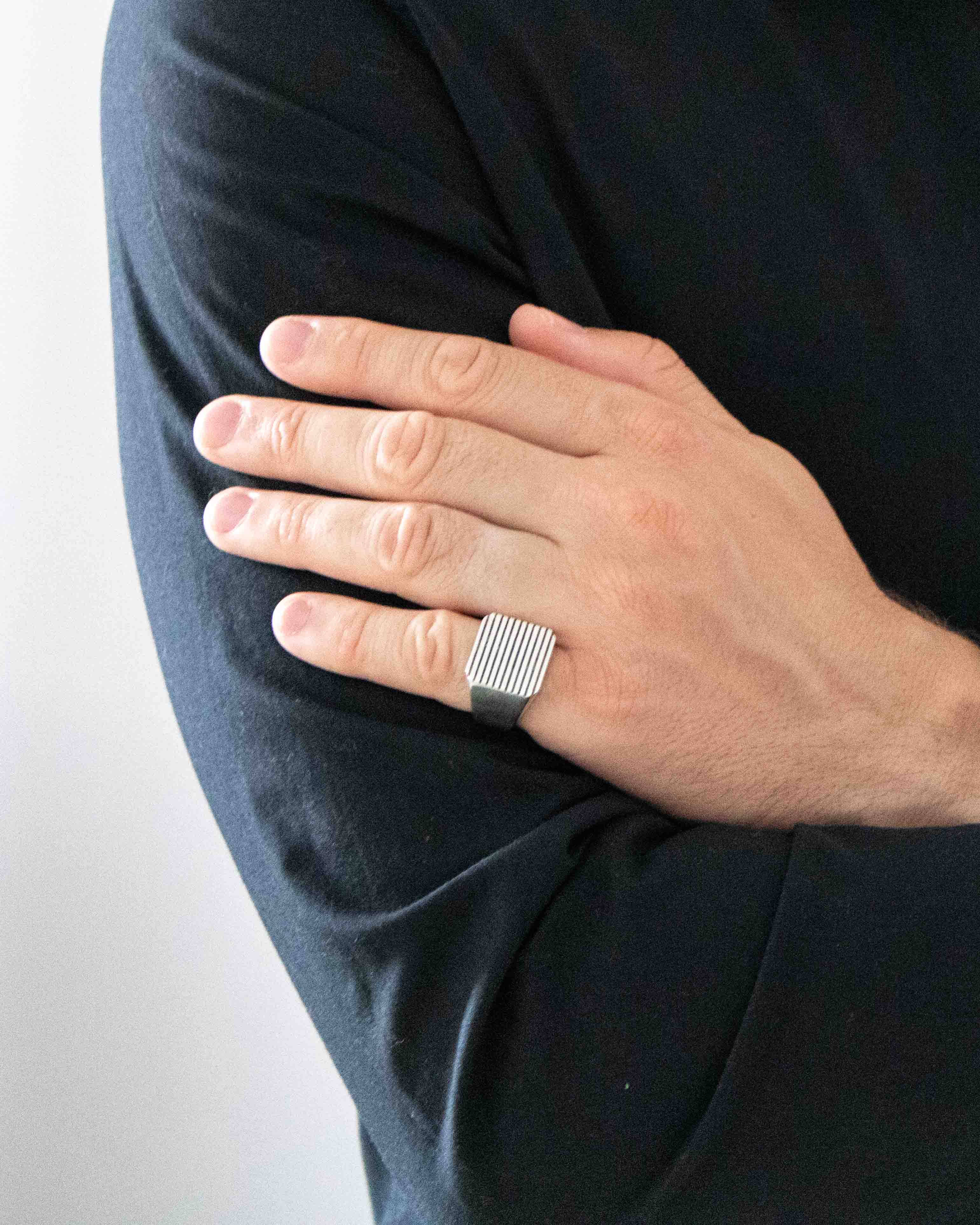 Silver Signet Ring with Stripes Old Money Style