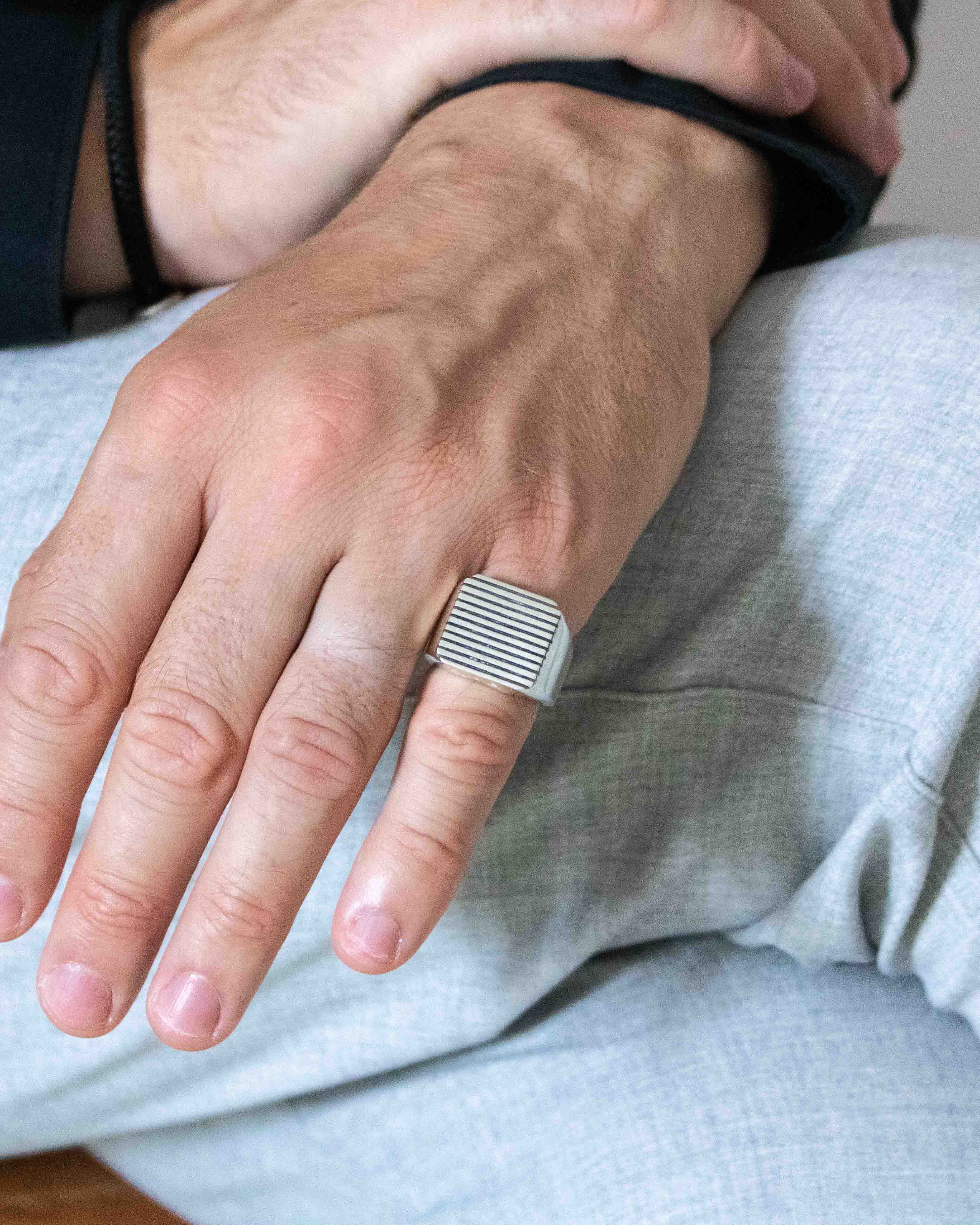 Silver Signet Ring with Stripes Old Money Style