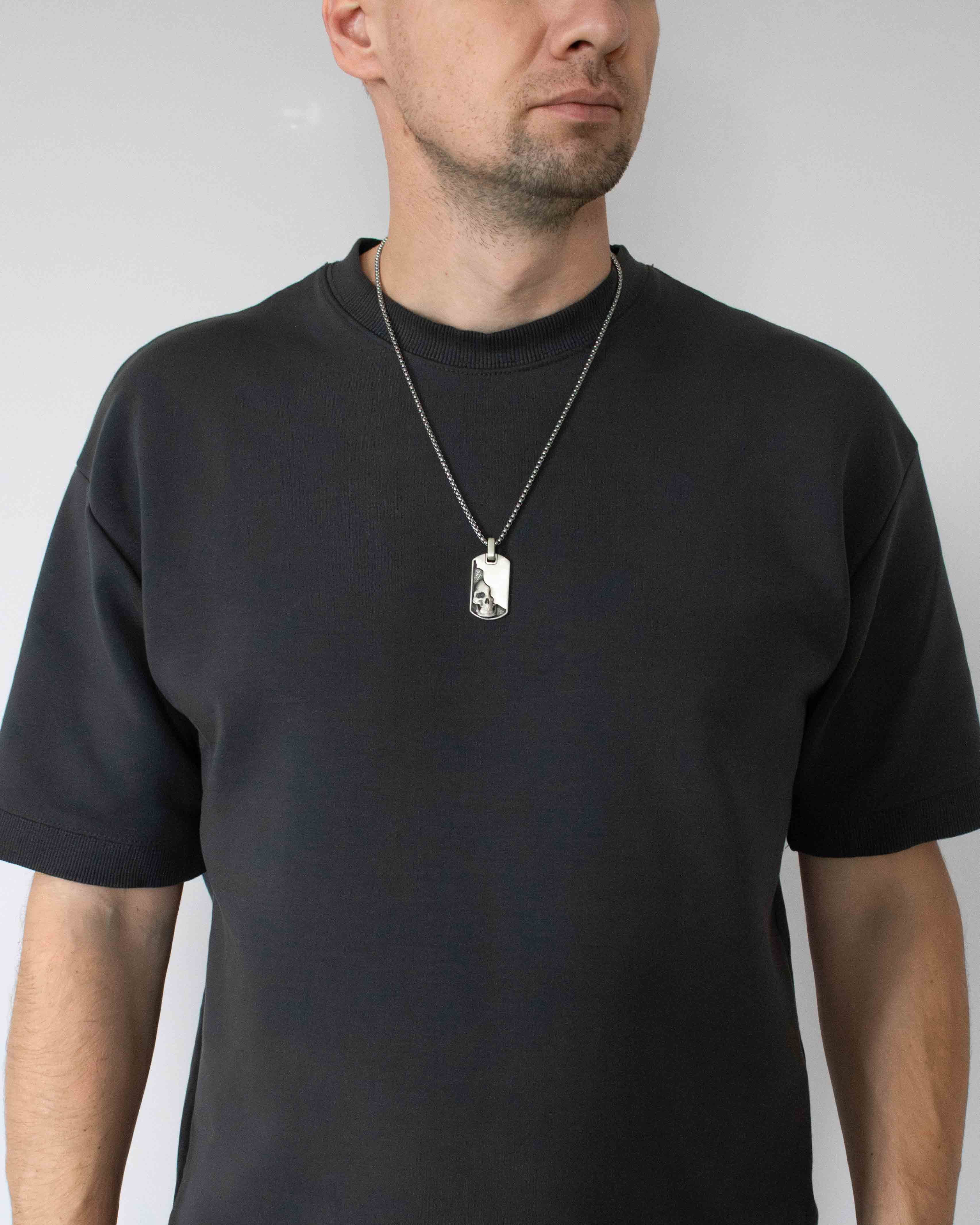 Silver Grunge Tag Pendant Large Skull and Half Design