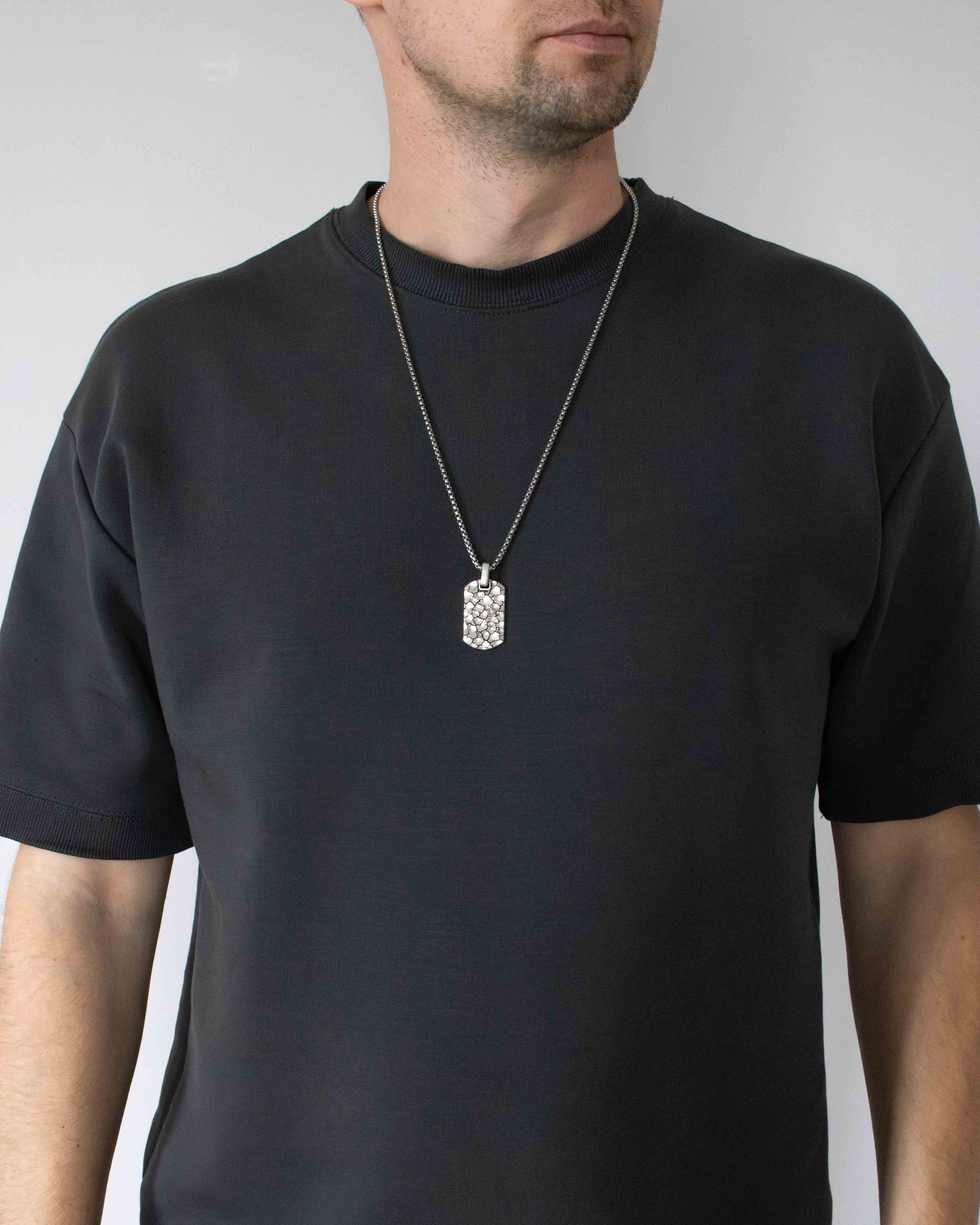 Brutal Silver Dog Tag Pendant Cracked Ground Design