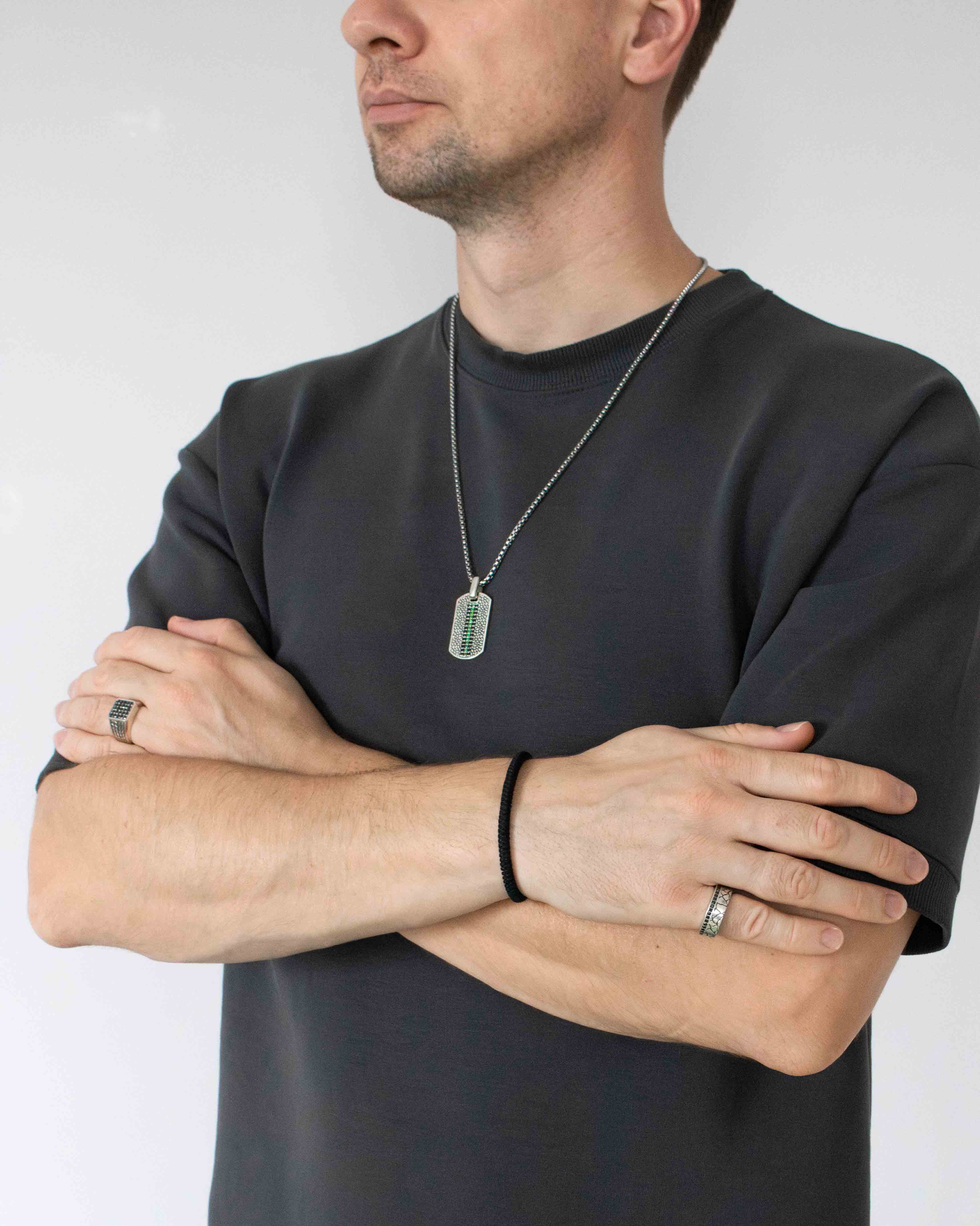 Masculine Tag Pendant with Black Diamond and Emerald CZ