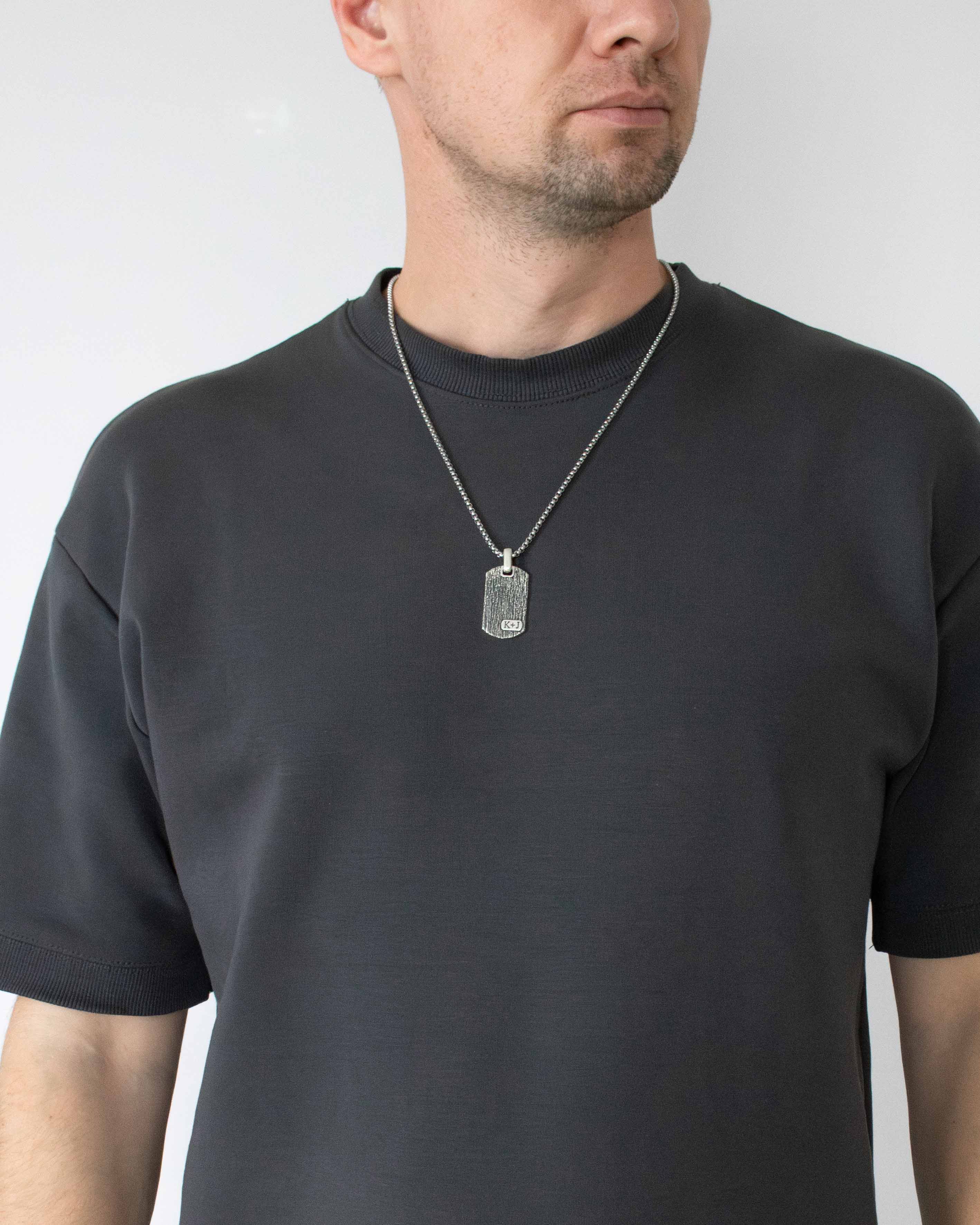 Tree Bark Textured Mens Initial Dog Tag Pendant Silver