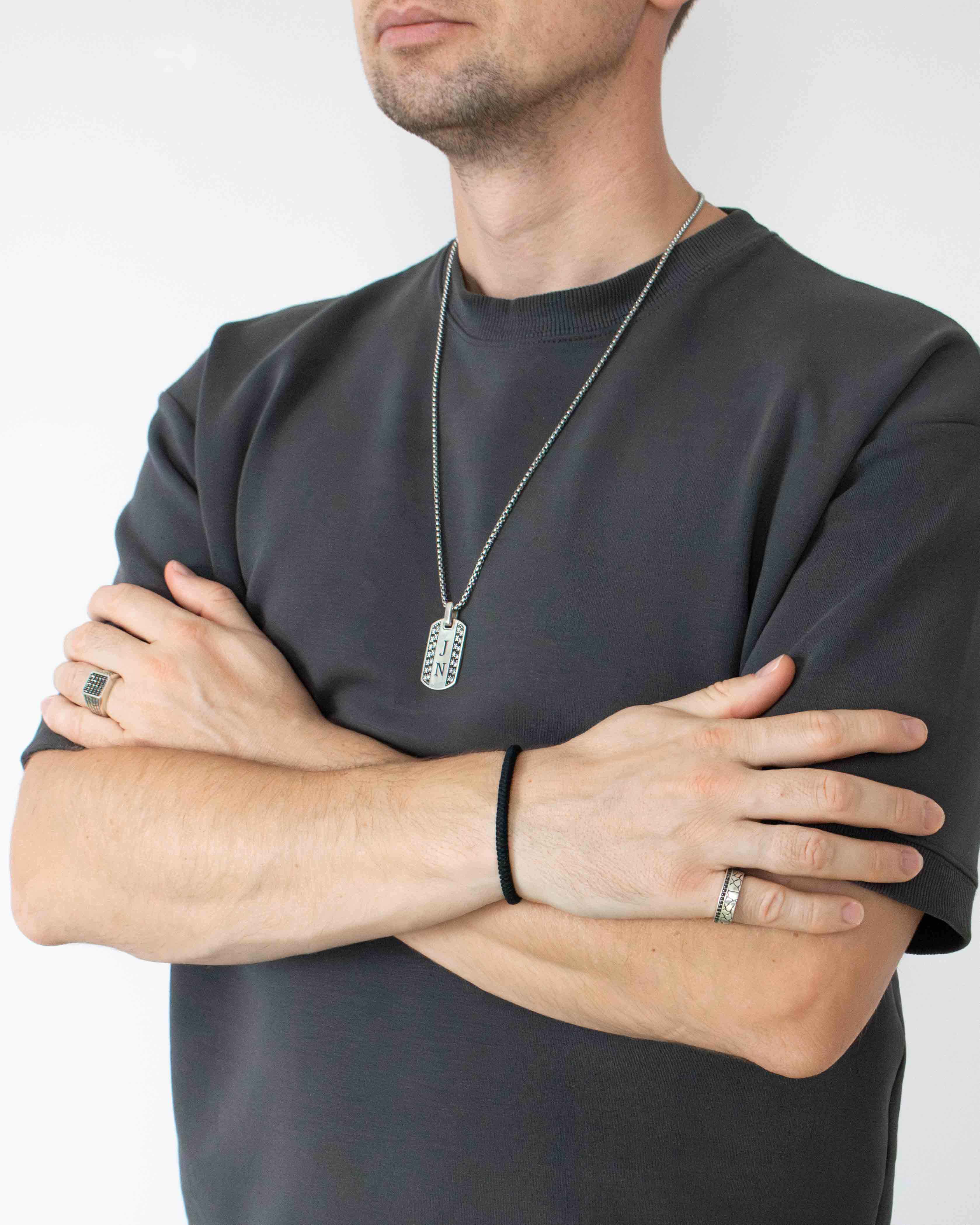 Mens Silver Initial Pendant Black and White Diamonds CZ