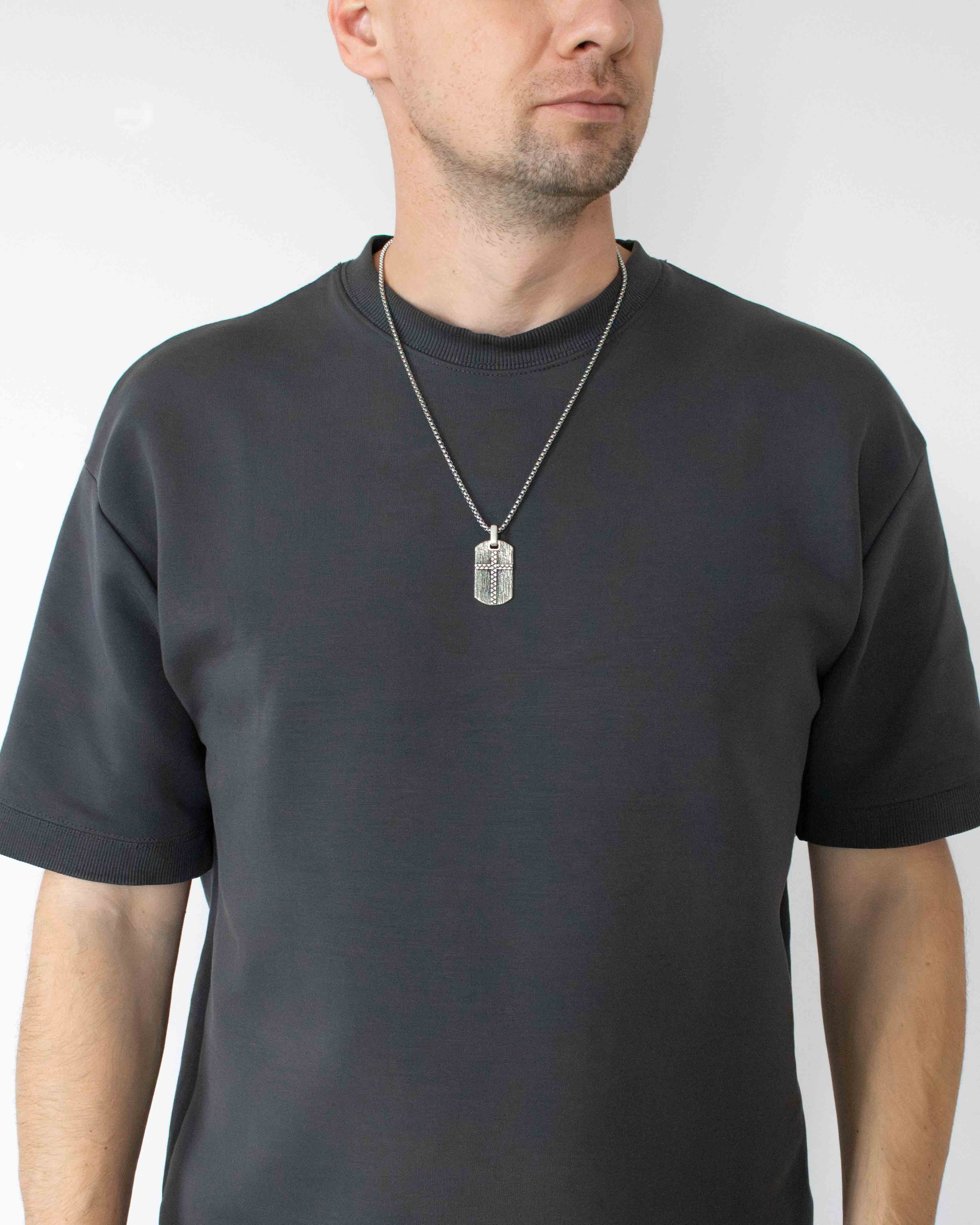 Tree Bark Texture Cross Tag Pendant Necklace Silver