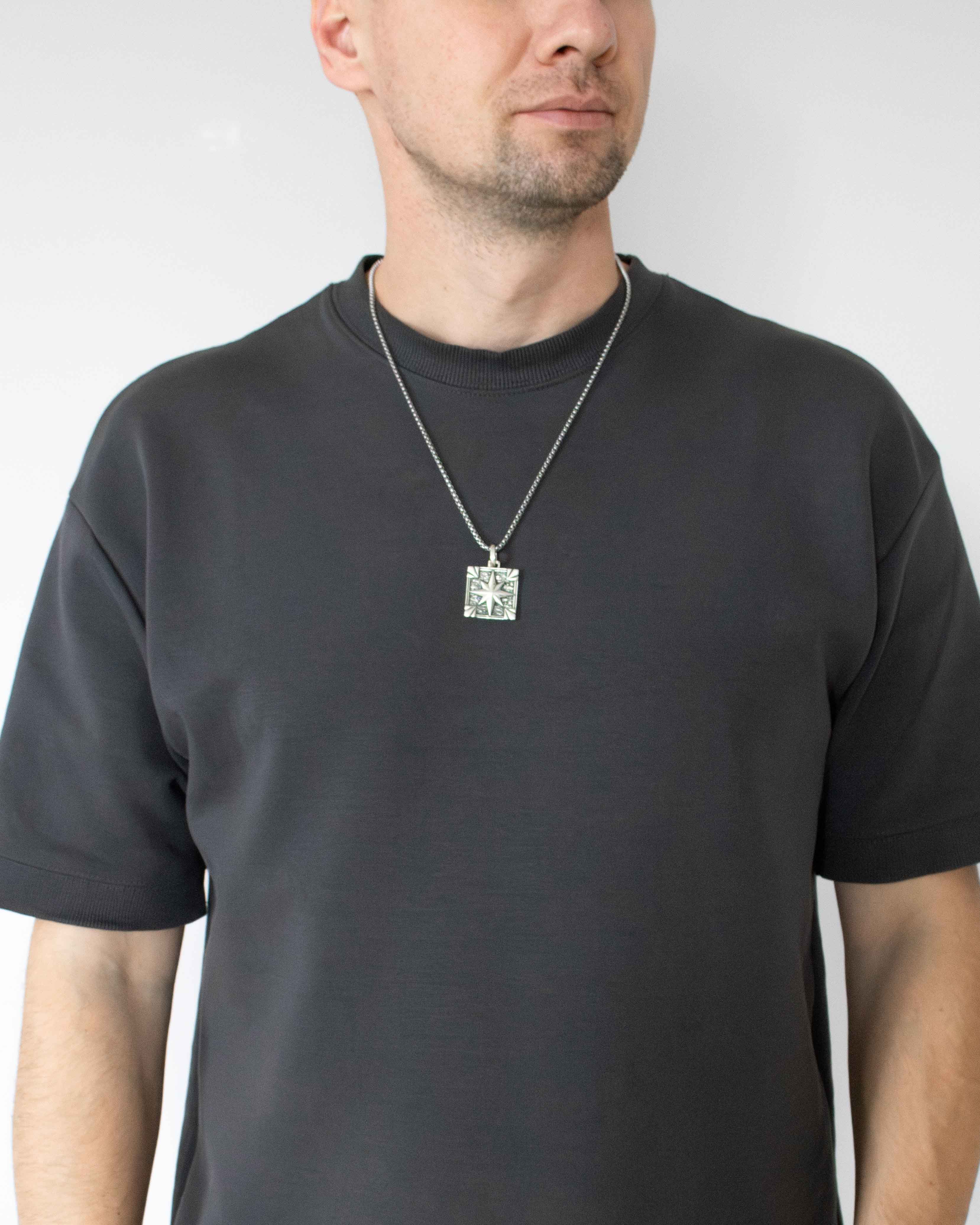 Mens North Star Square Tag Pendant Vintage Style Silver