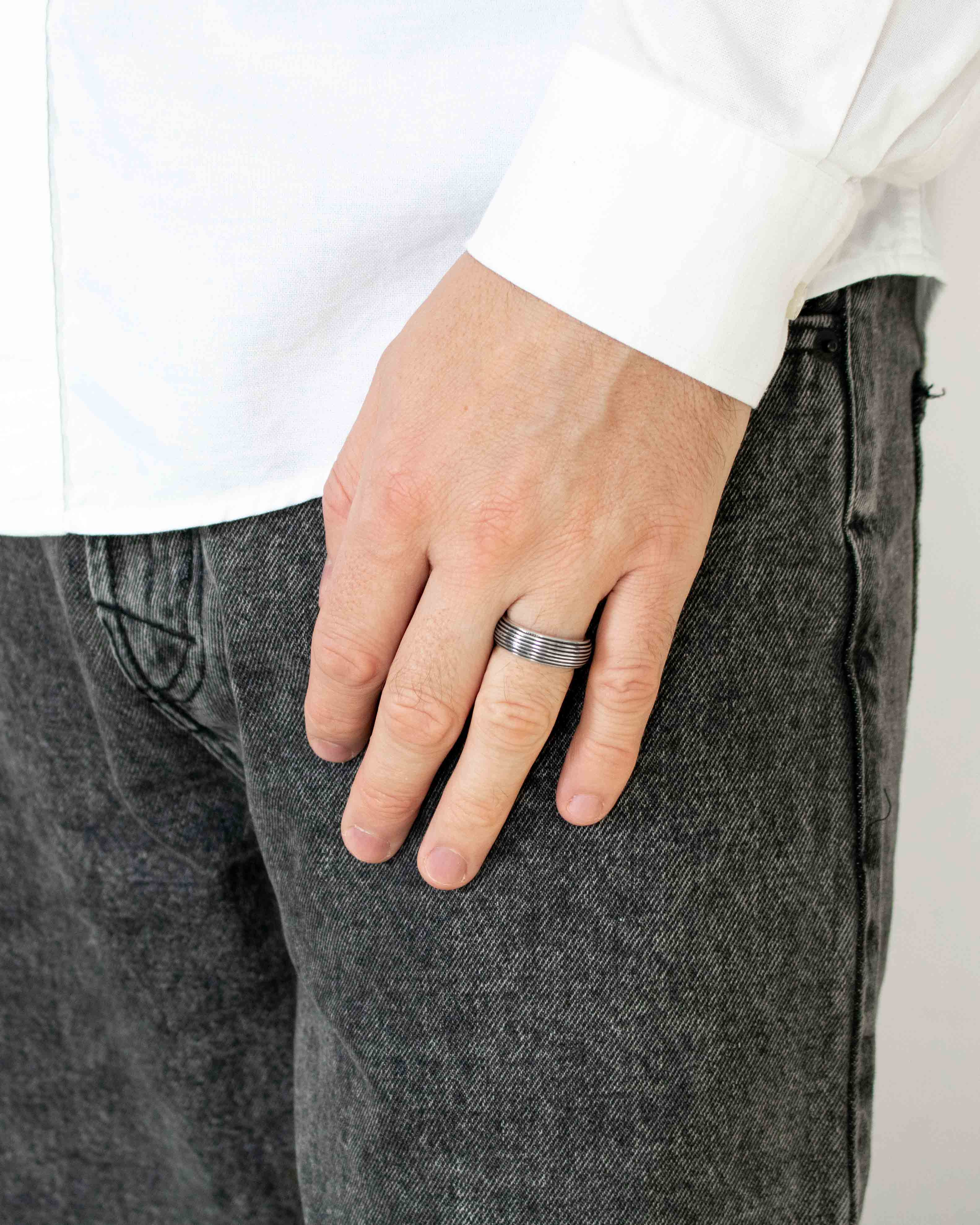 Domed Band Ring Silver with Vintage Striped Design