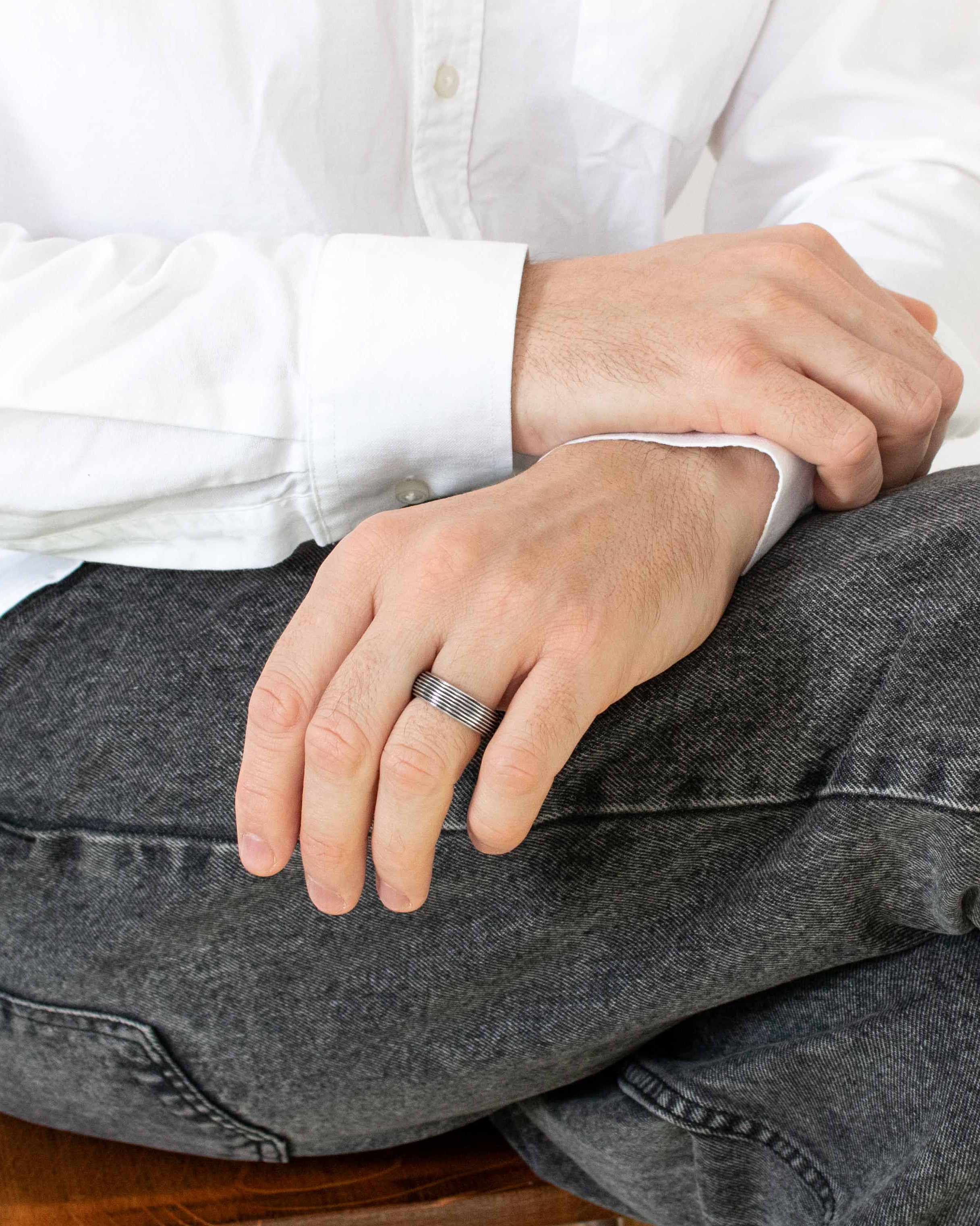 Domed Band Ring Silver with Vintage Striped Design