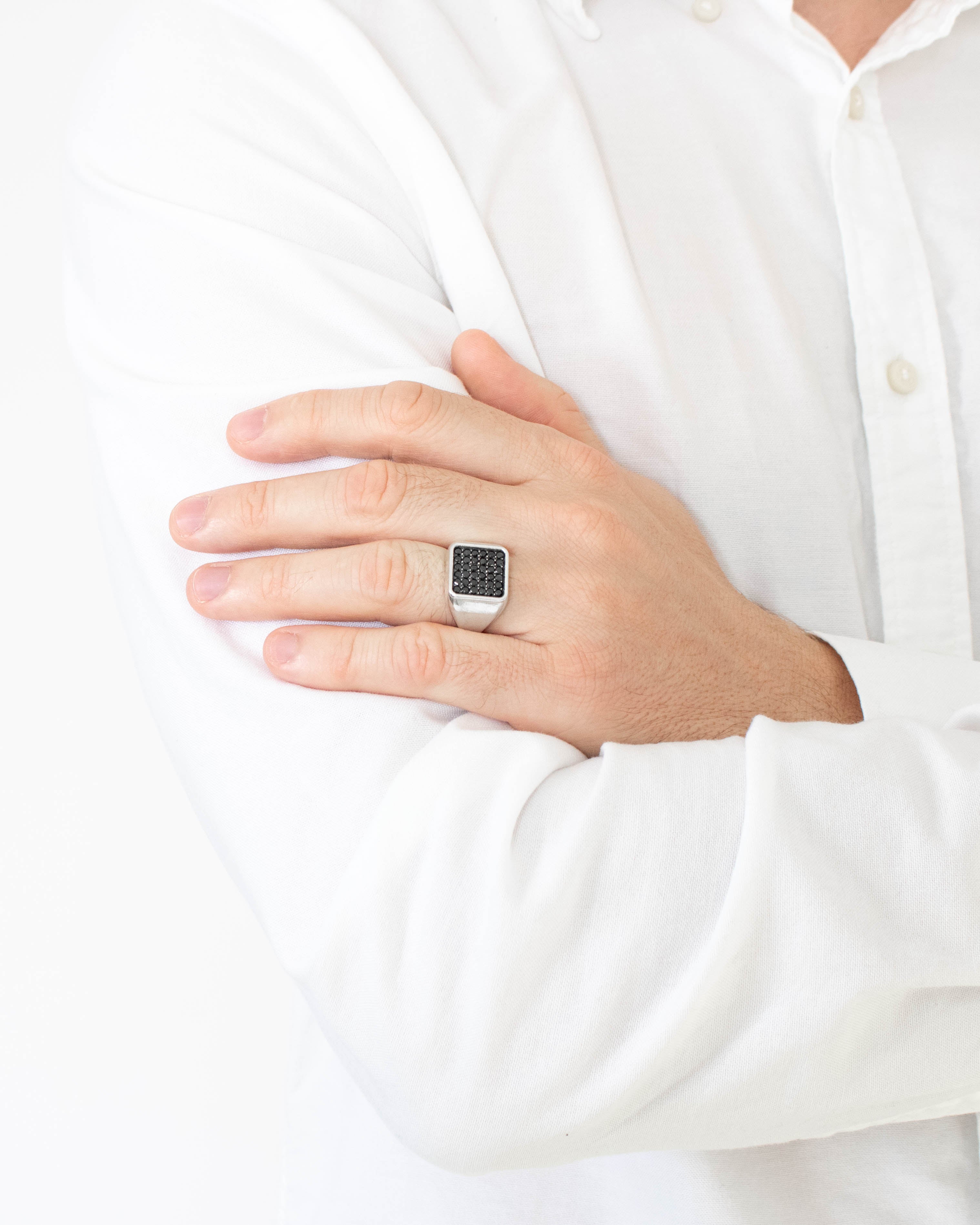 Minimalist Silver Signet Ring Black Stones Soft Square