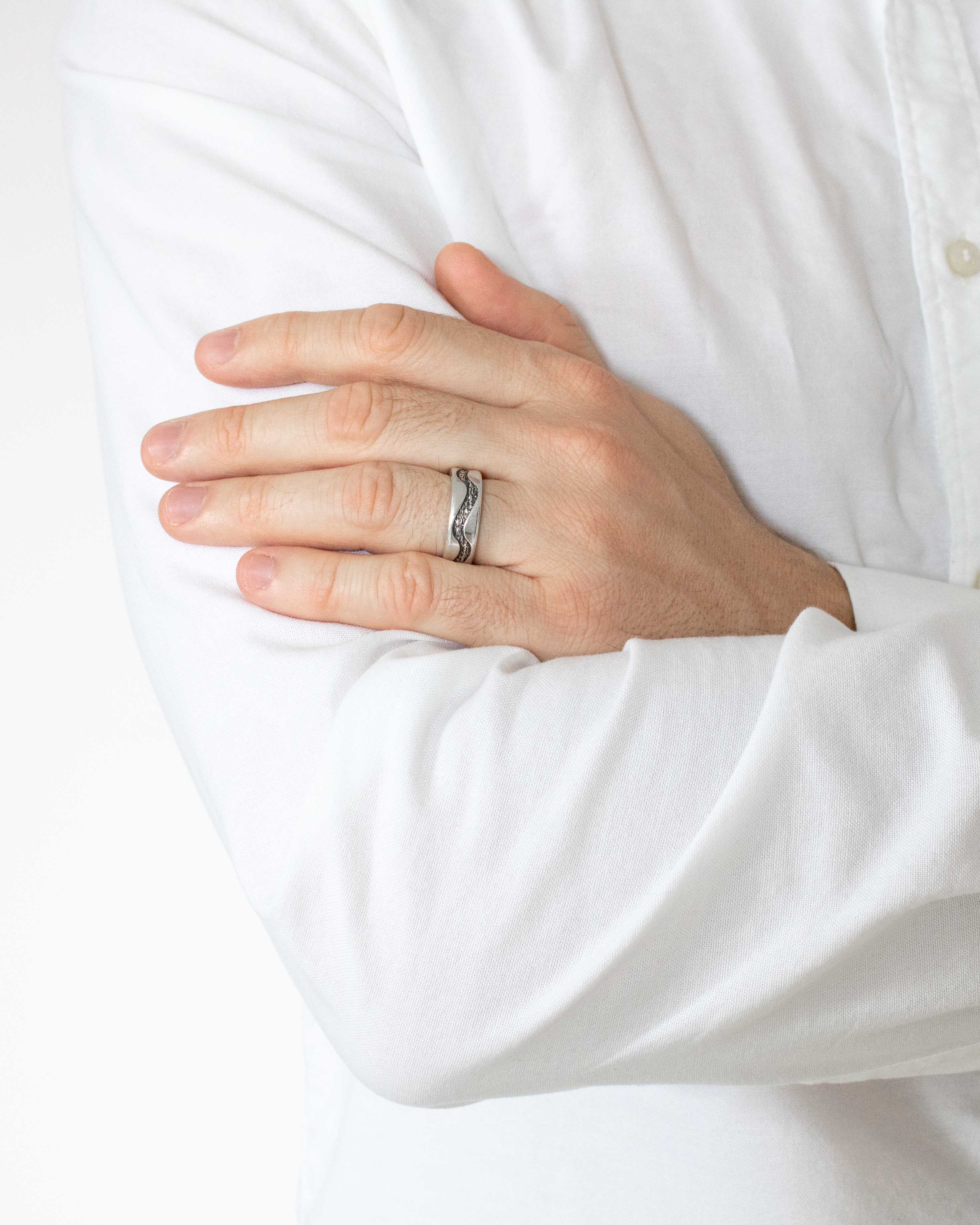 Engraved Wave Ring Band Silver Hammered and Polished