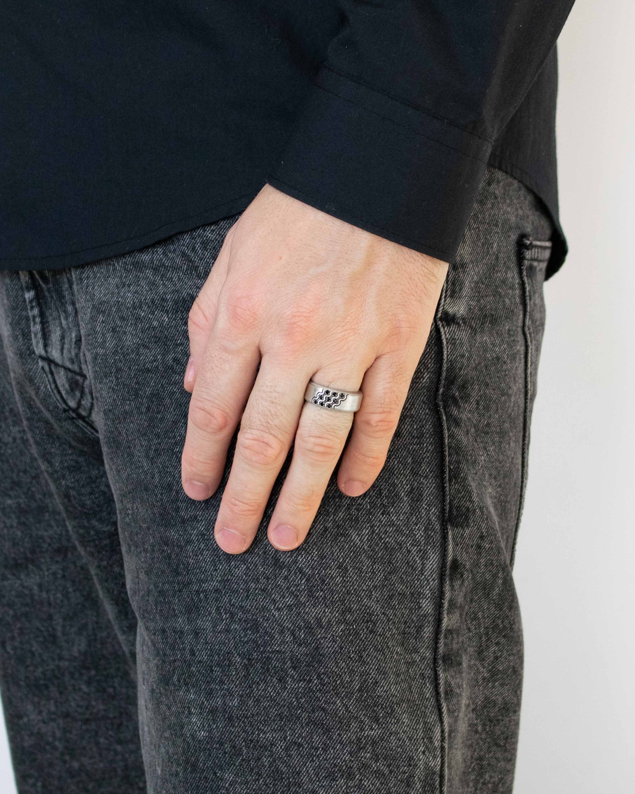 Large Silver Band Ring Black Stones Futuristic Design