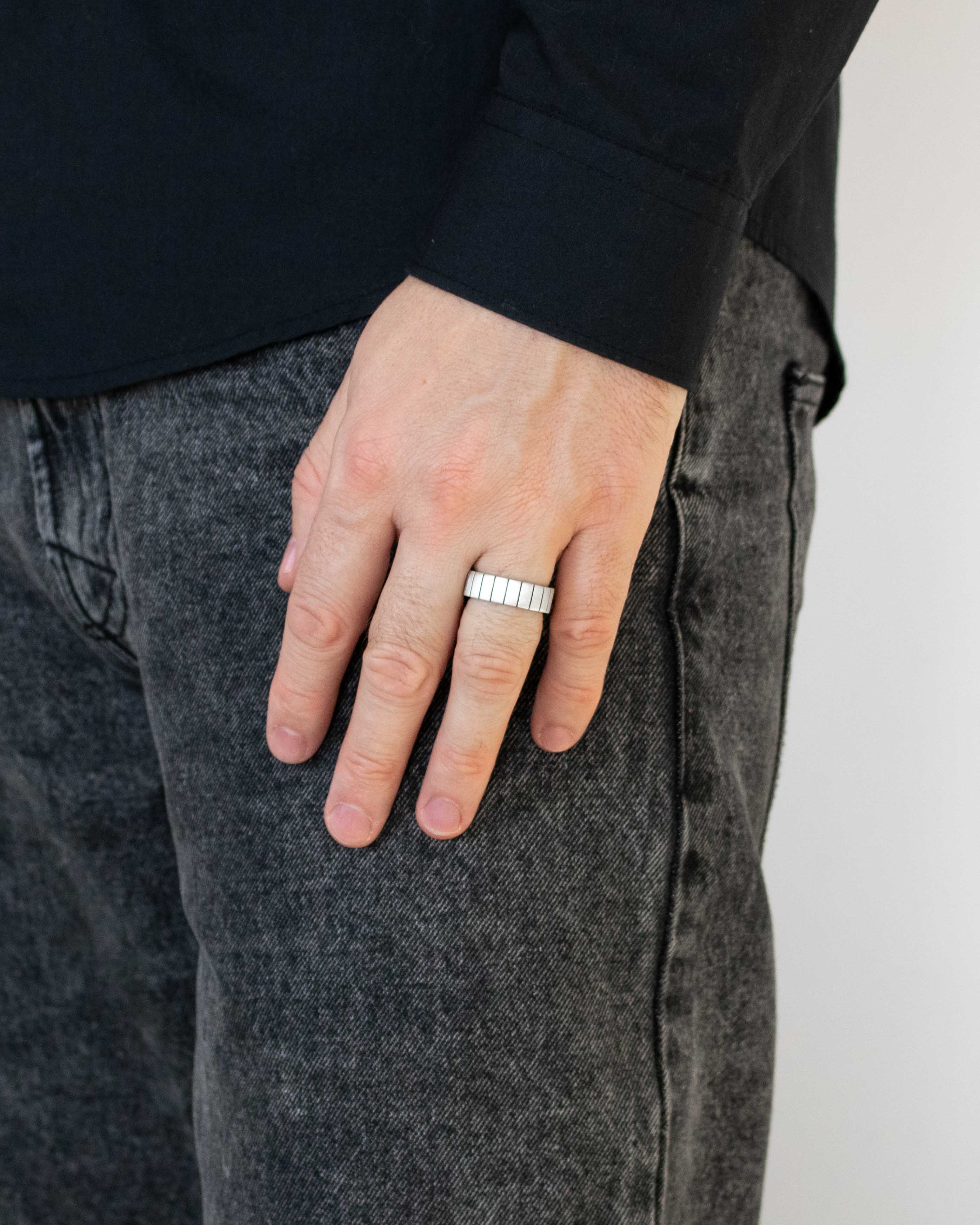 Matte Silver Wedding Band with Horizontal Stripes