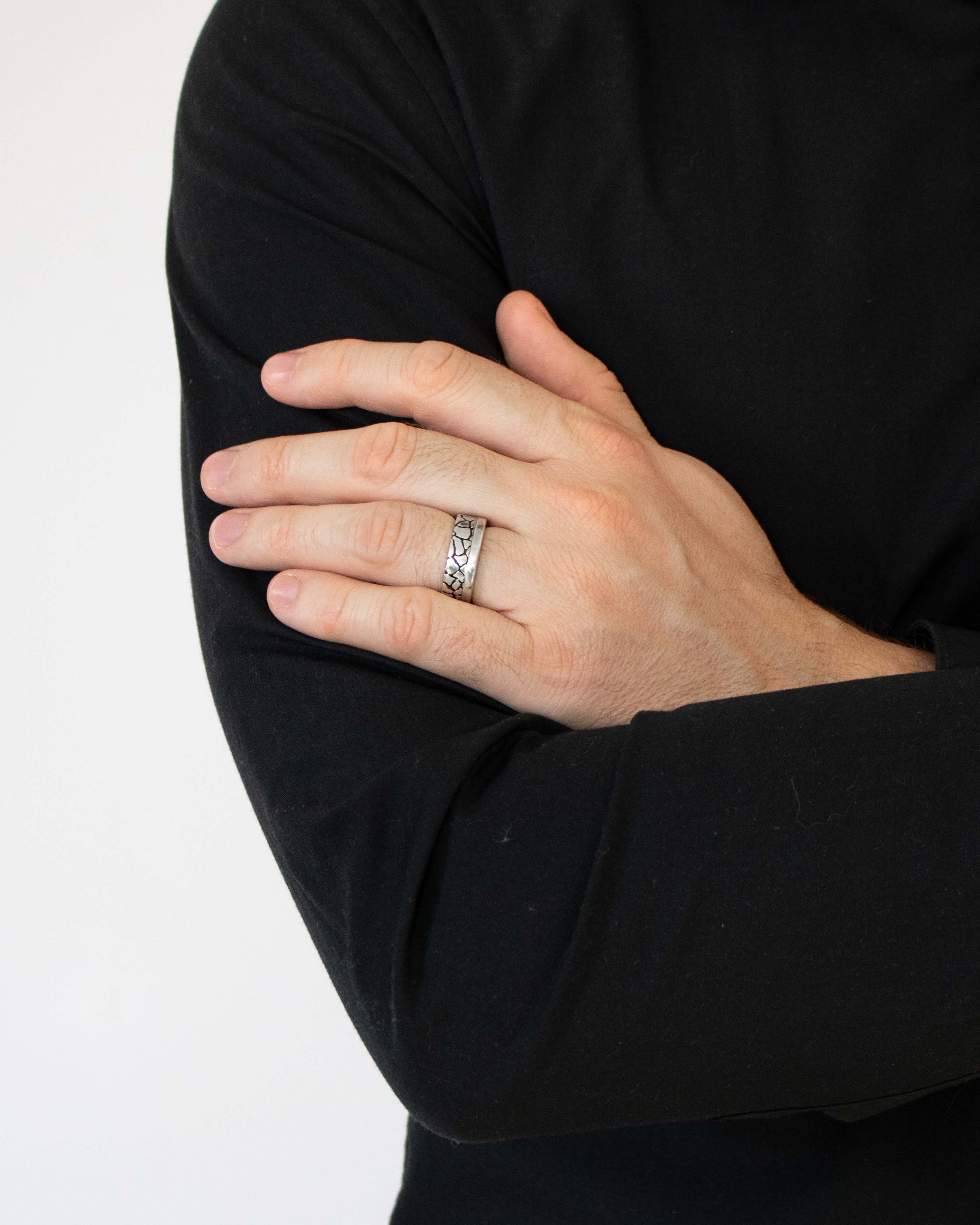 Earthy Wedding Ring for Men Silver Cracked Texture