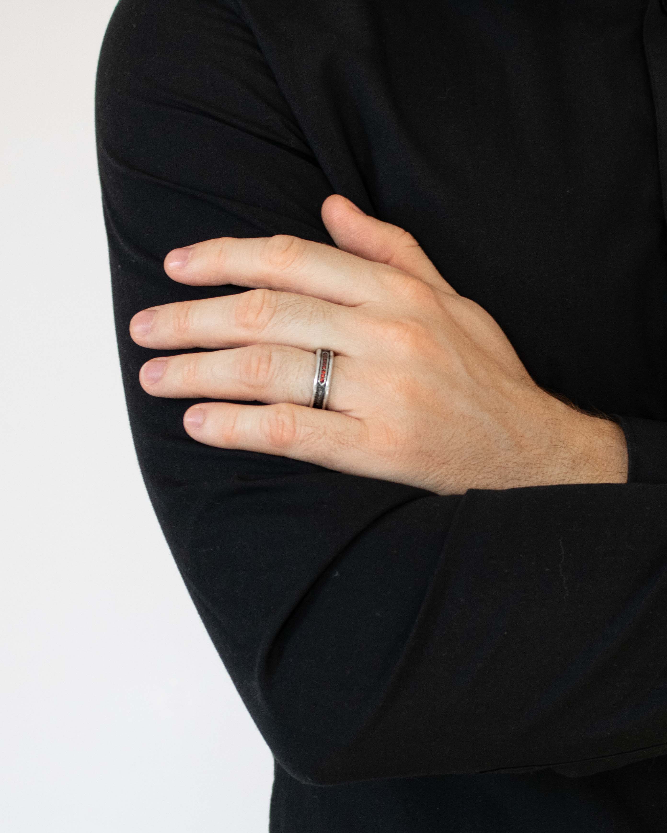 Mens Hammered Silver Engagement Ring Red Stones CZ