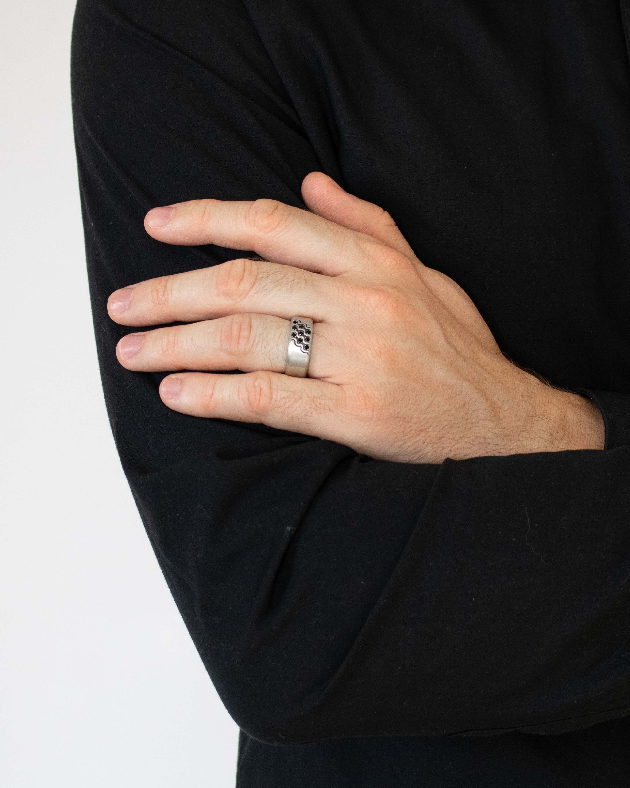 Large Silver Band Ring Black Stones Futuristic Design