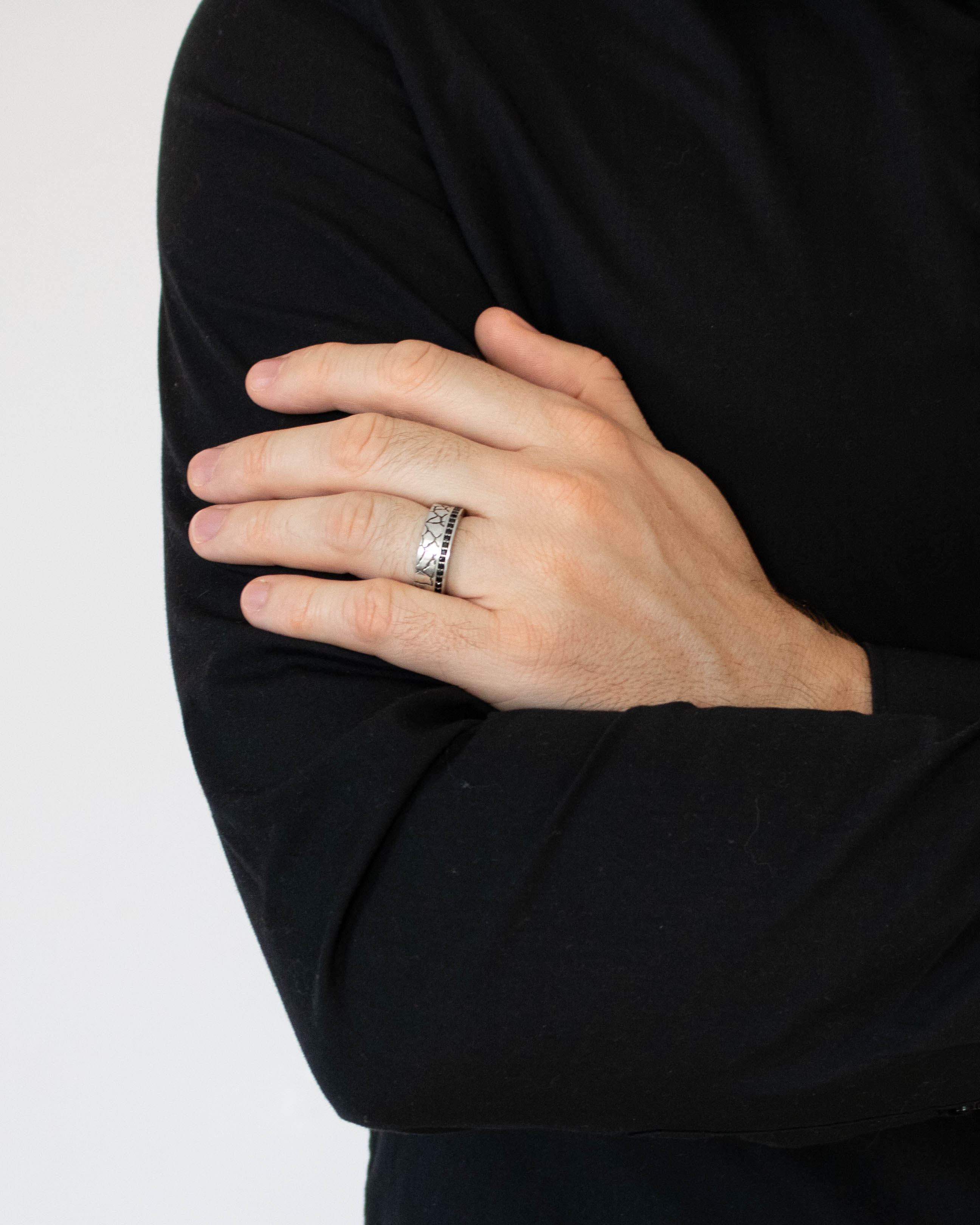 Earthy Wedding Band for Men Solid Silver Black Stones