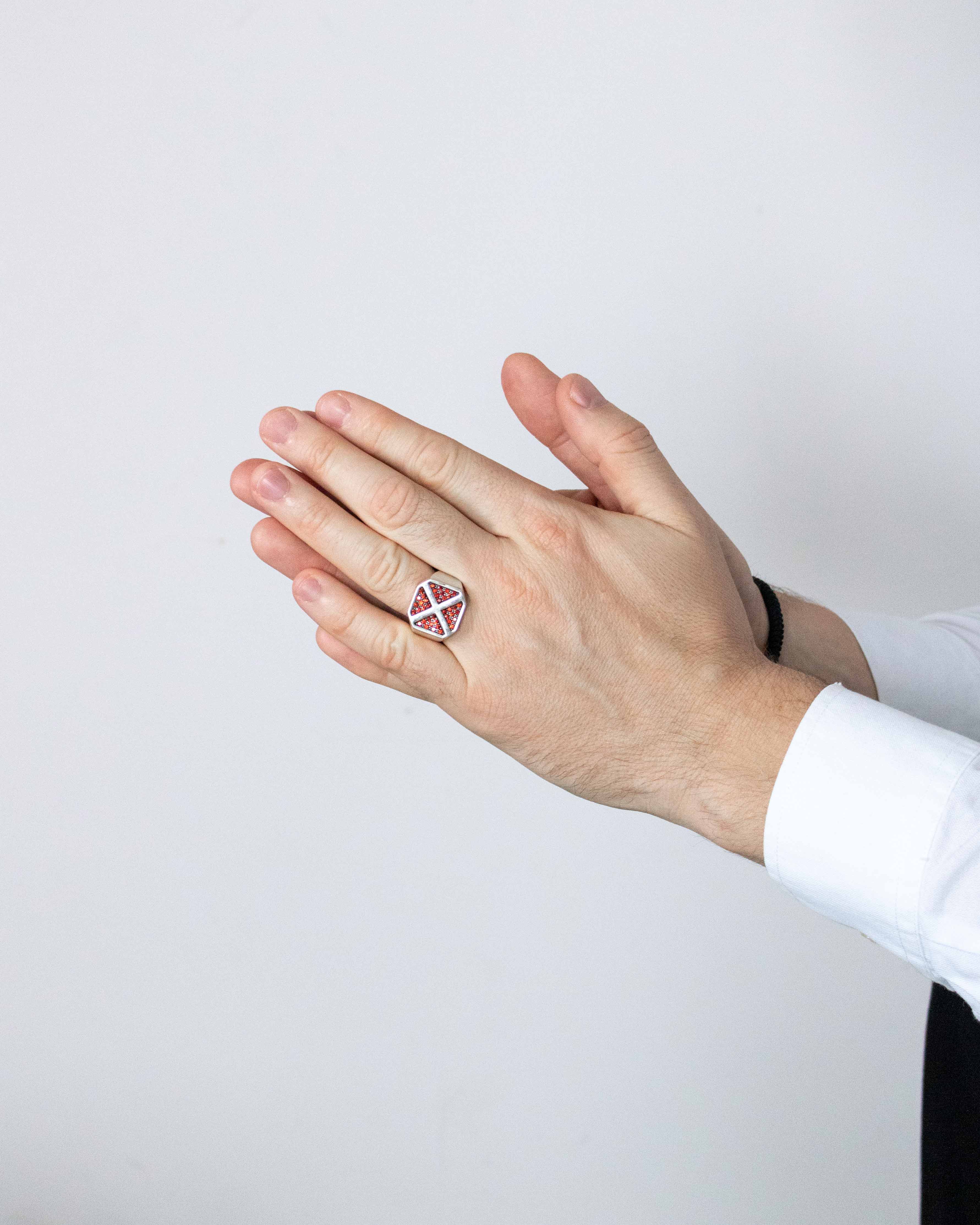 Men's X Cross Ring Signet with Garnets Sterling Silver