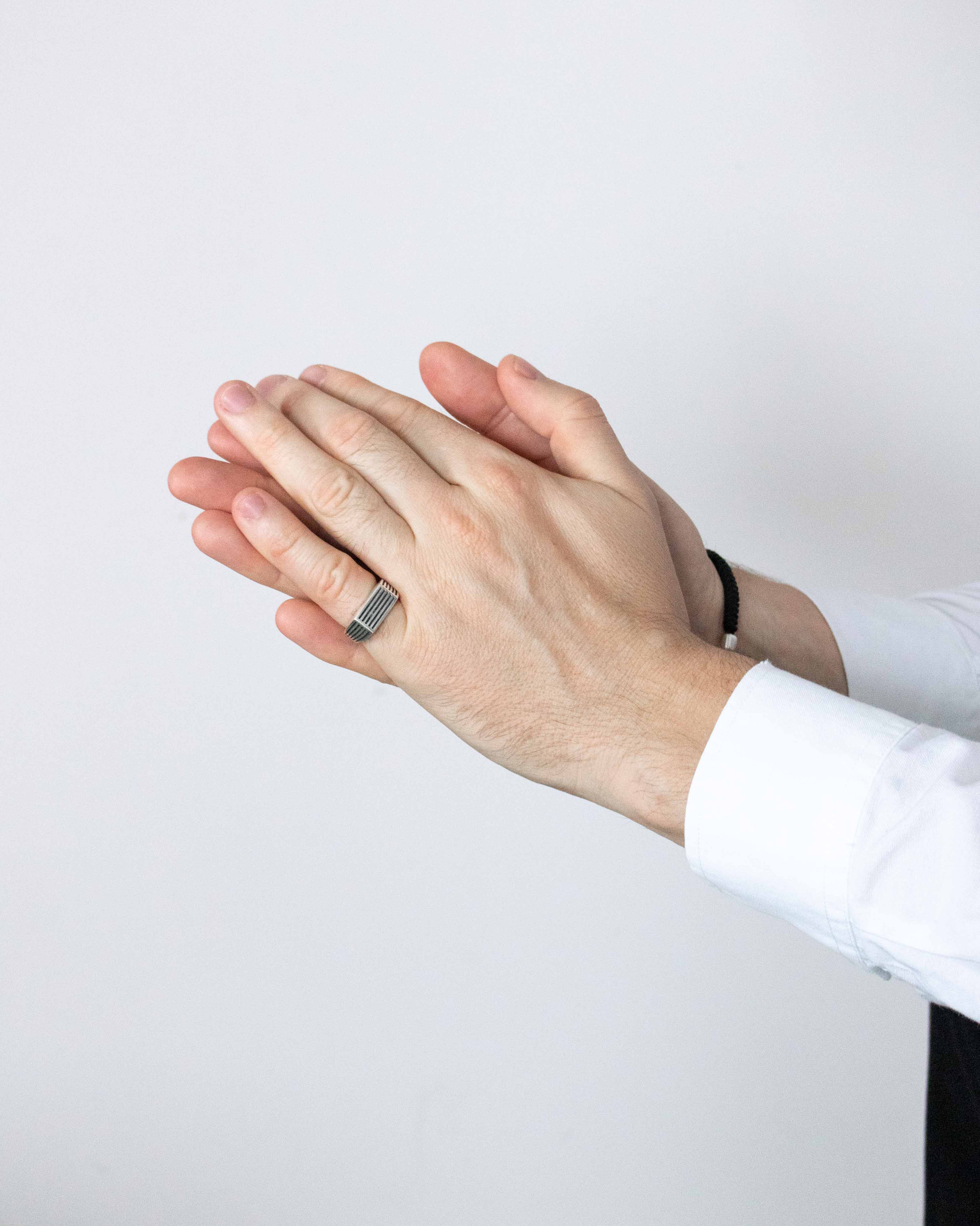Rectangle Silver Signet Ring with Rough Oxidized Grooves