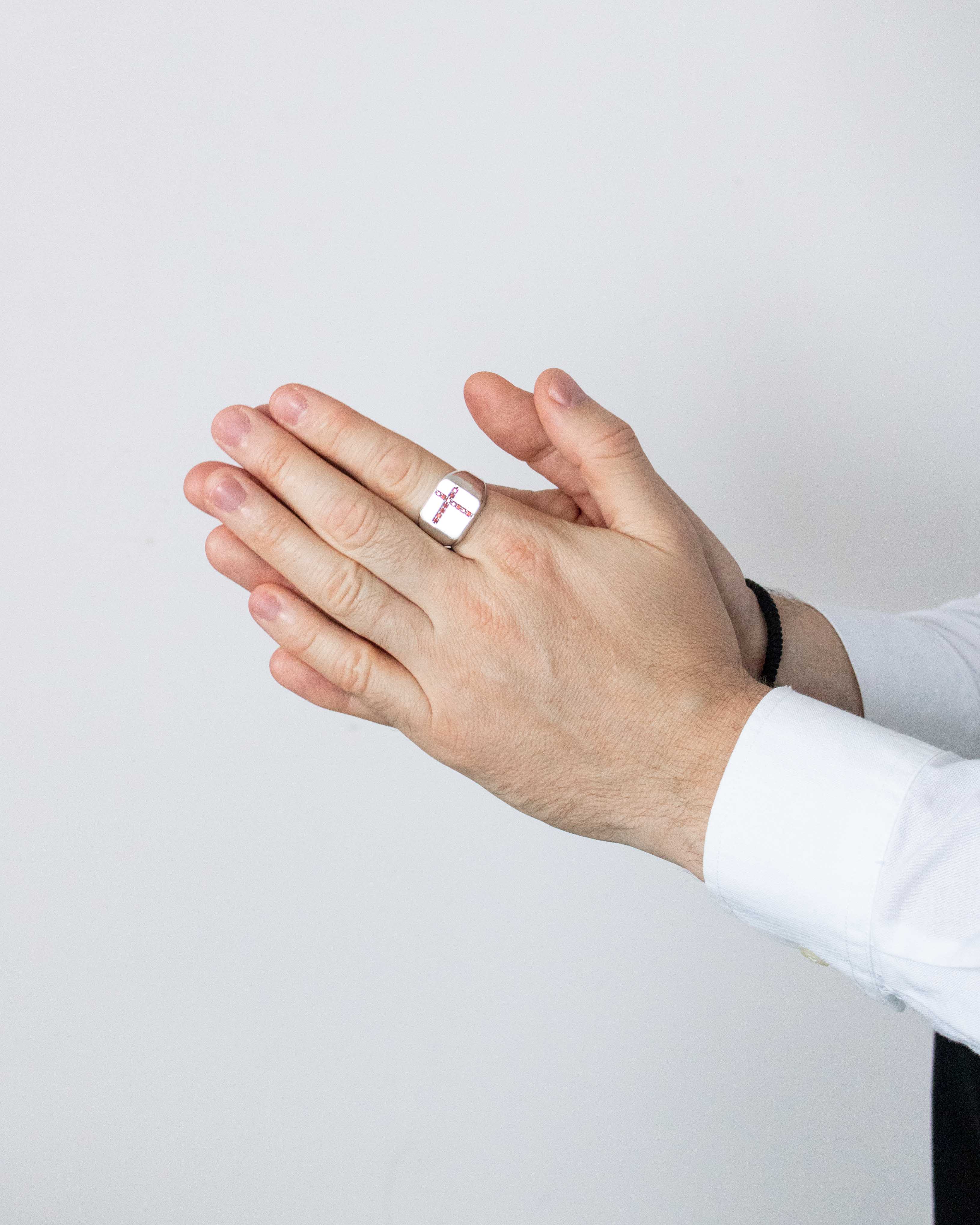 Red Cross Ring Minimalist Silver Signet with Garnets CZ