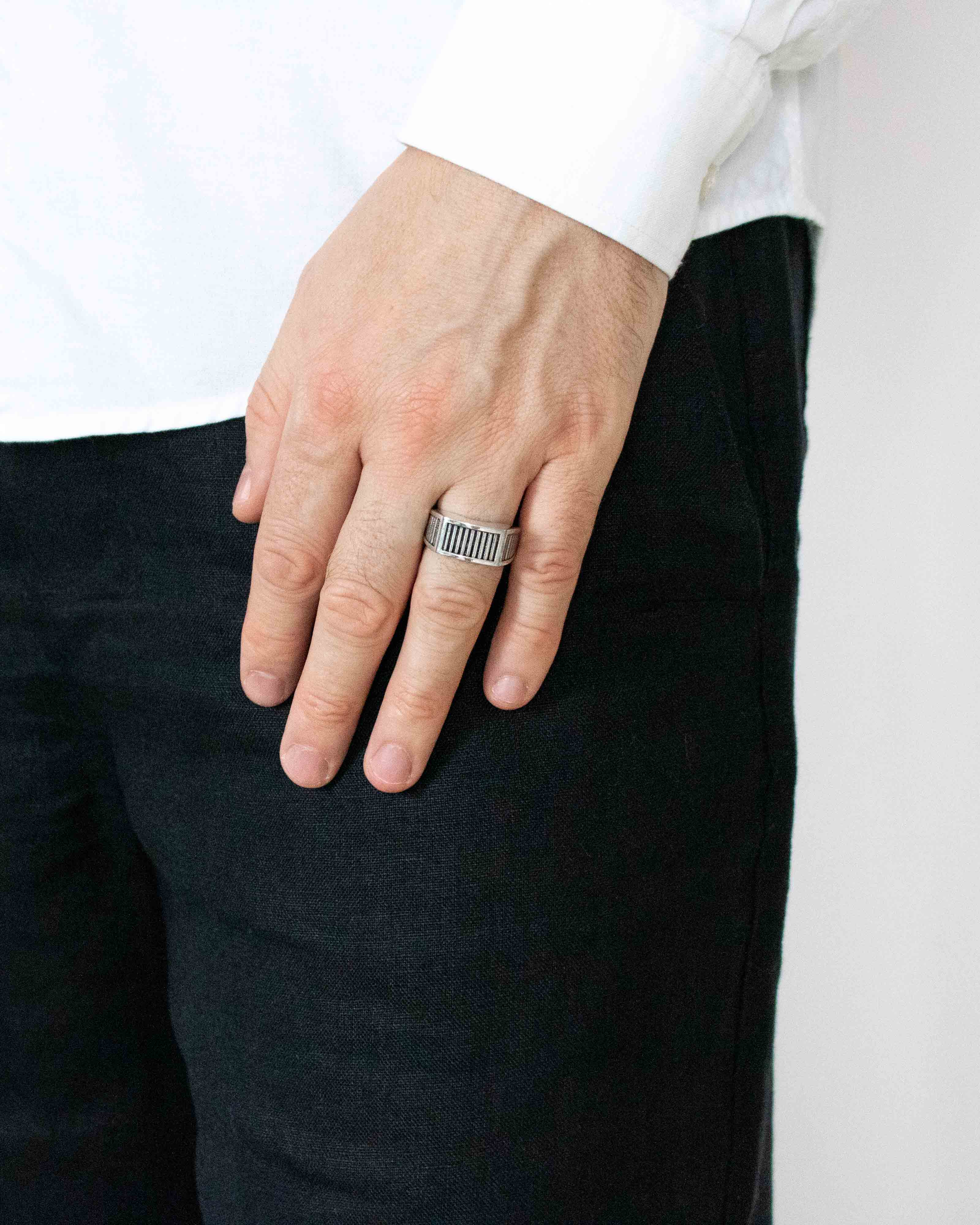 Art Deco Silver Signet Ring Channeled Industrial Texture