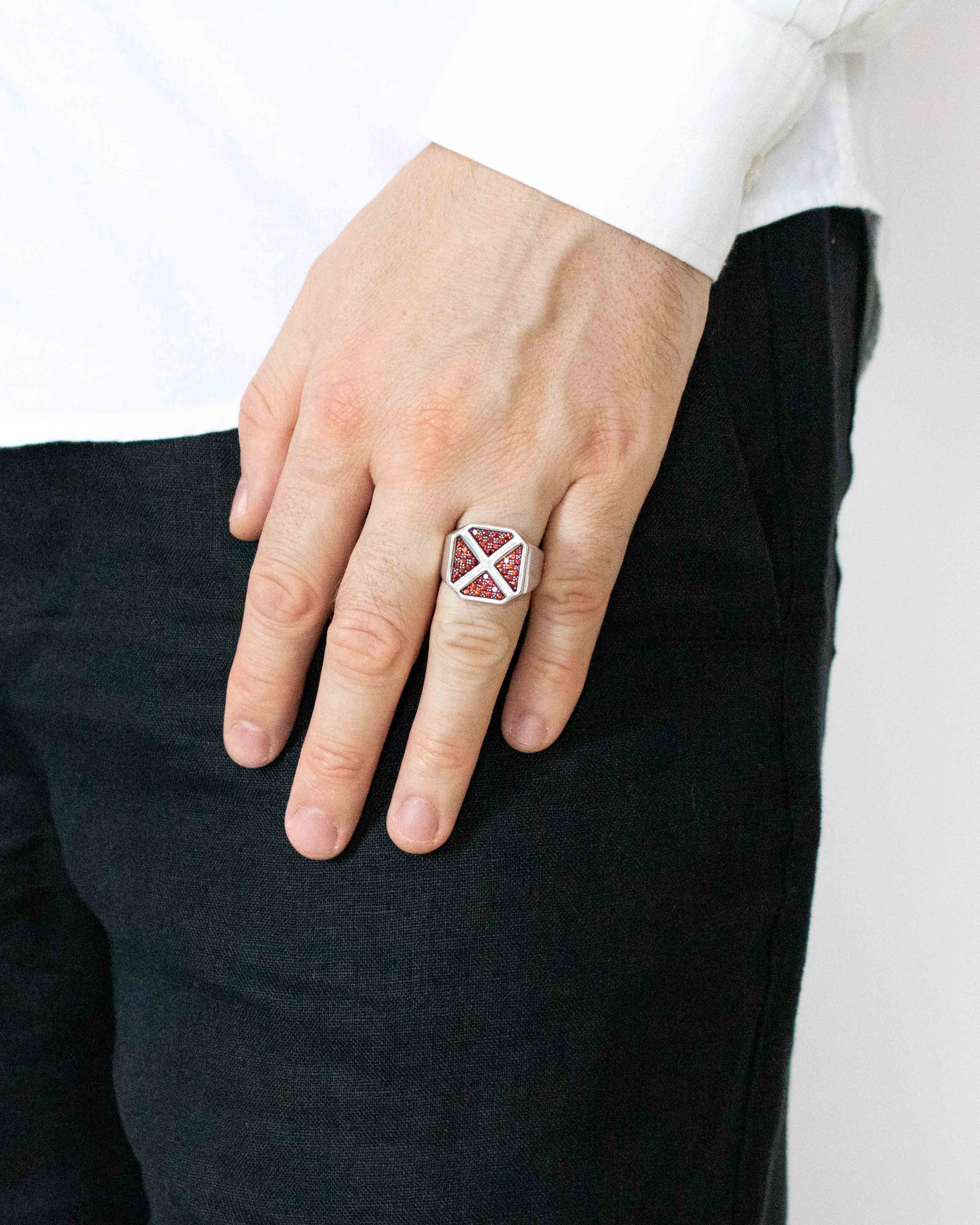 Men's X Cross Ring Signet with Garnets Sterling Silver