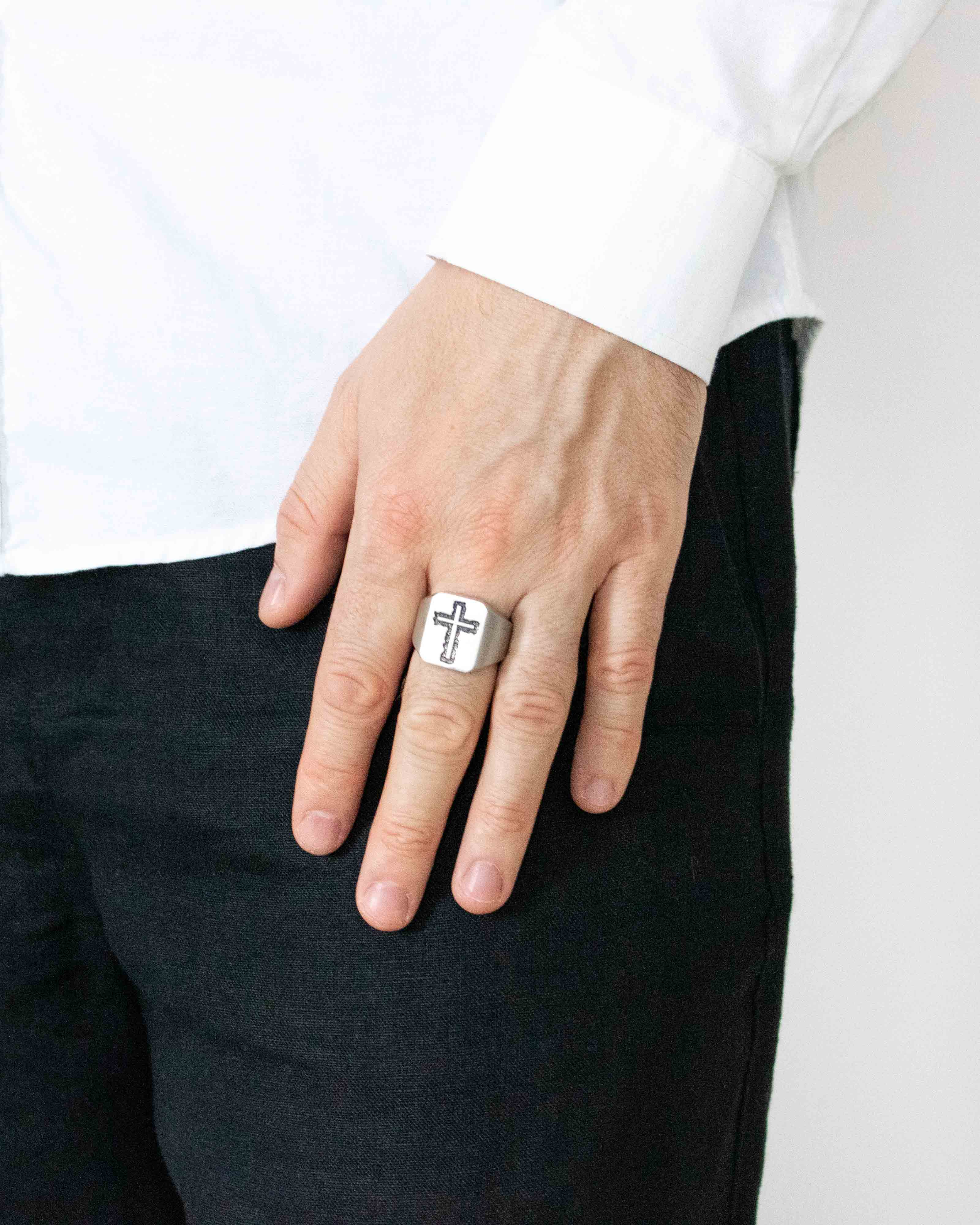 Men's Signet Ring with Cross Solid Sterling Silver