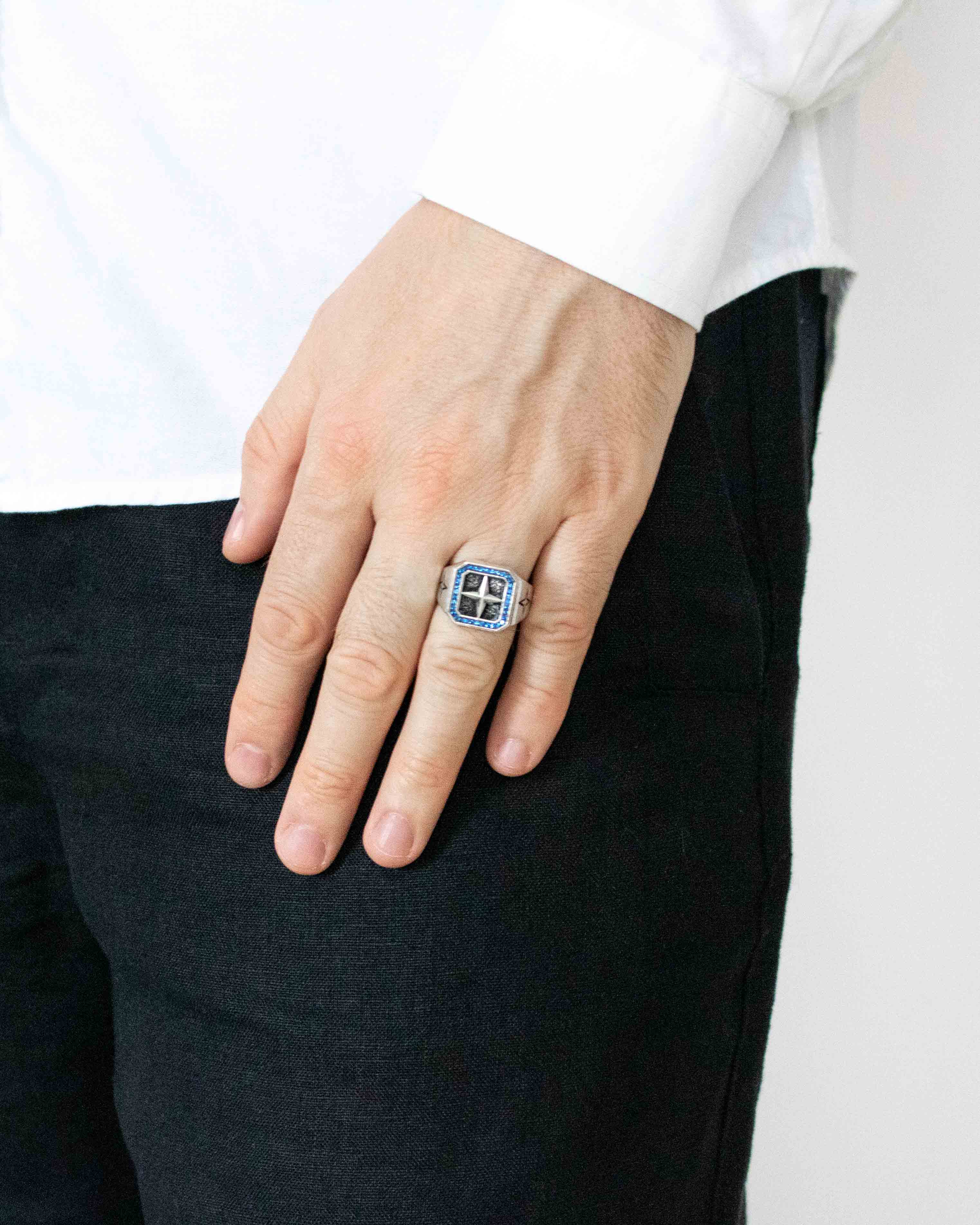 Guiding Star Signet Ring Oxidized Top and Sapphires CZ