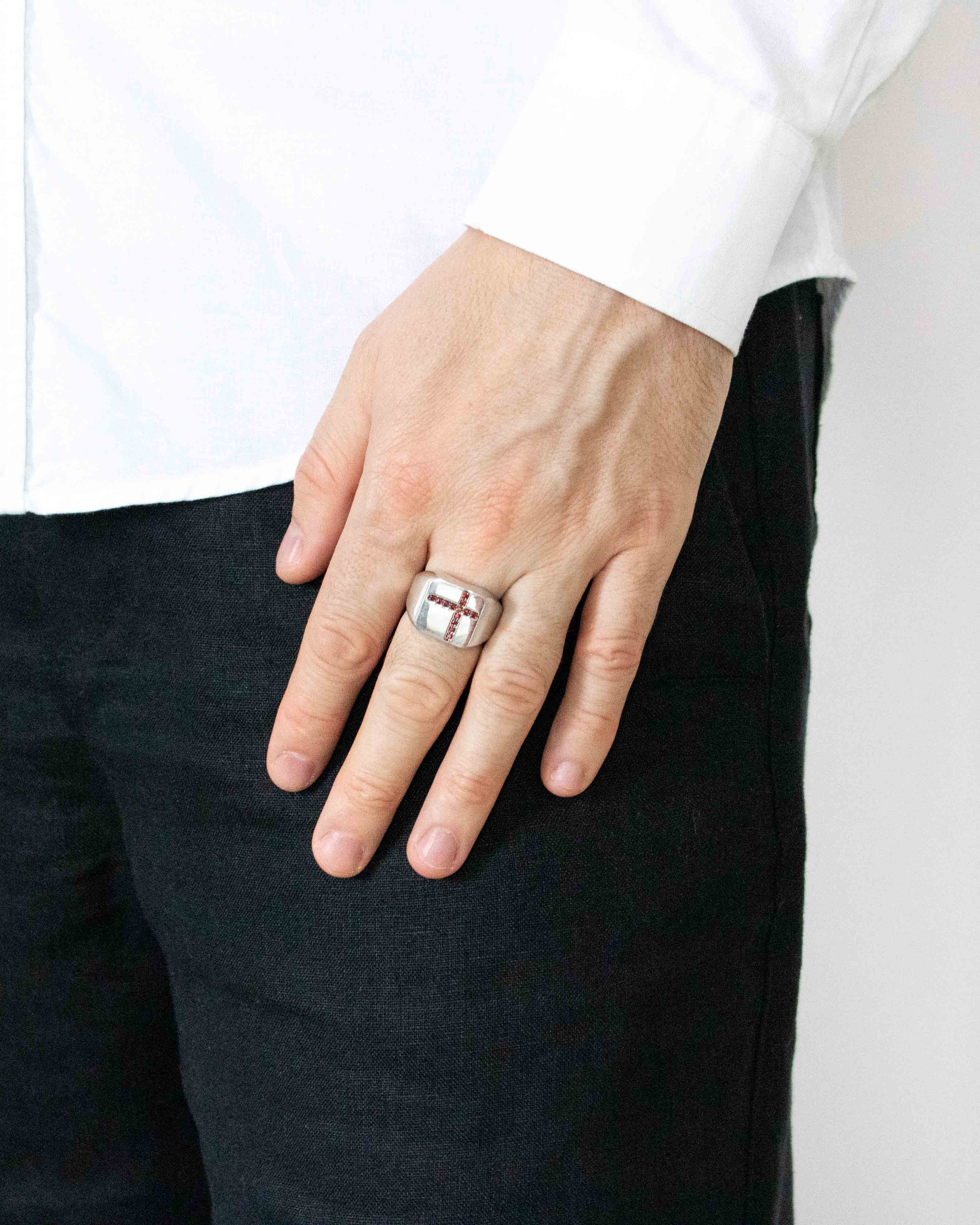 Red Cross Ring Minimalist Silver Signet with Garnets CZ