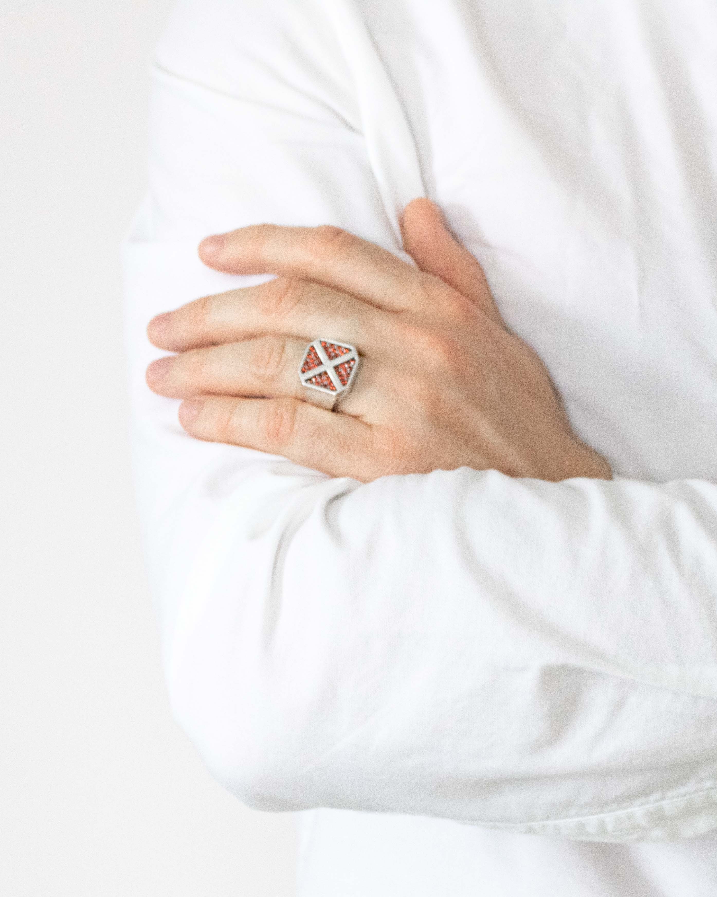 Men's X Cross Ring Signet with Garnets Sterling Silver