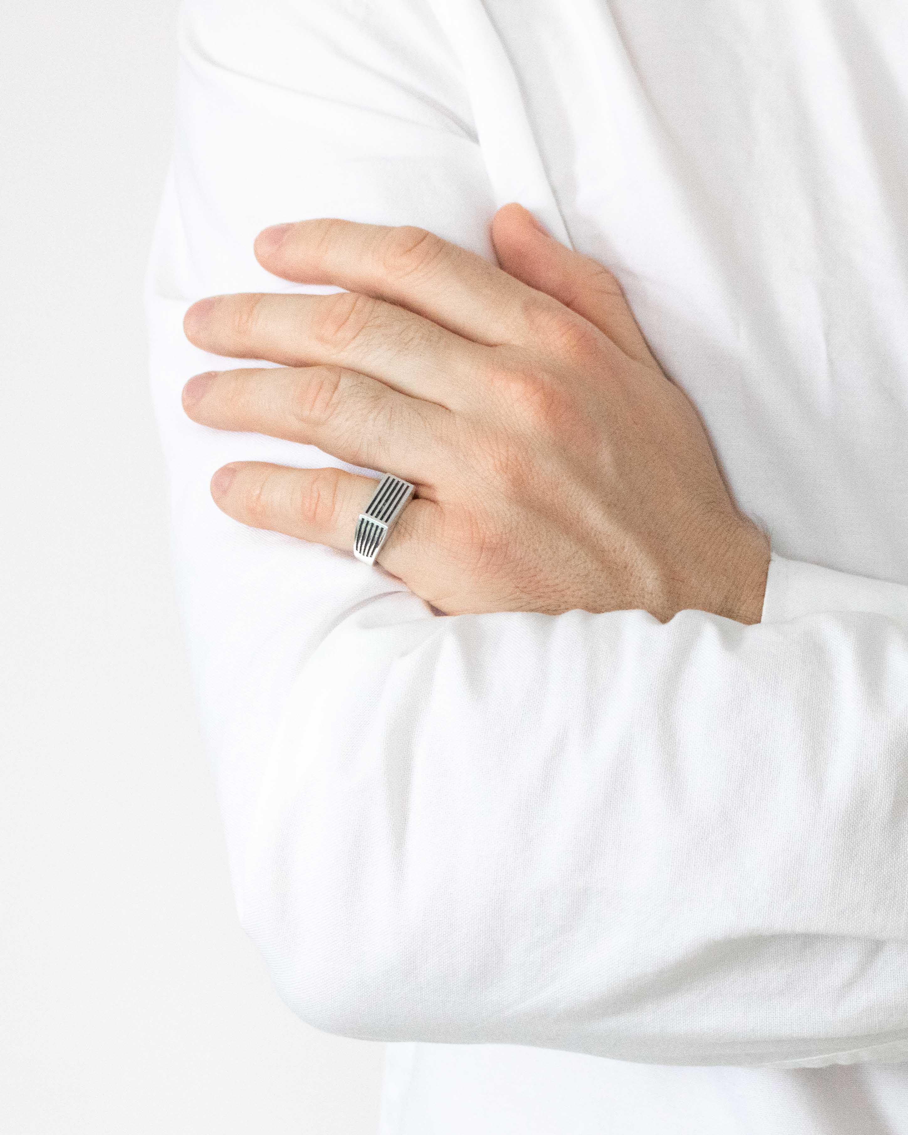Rectangle Silver Signet Ring with Rough Oxidized Grooves