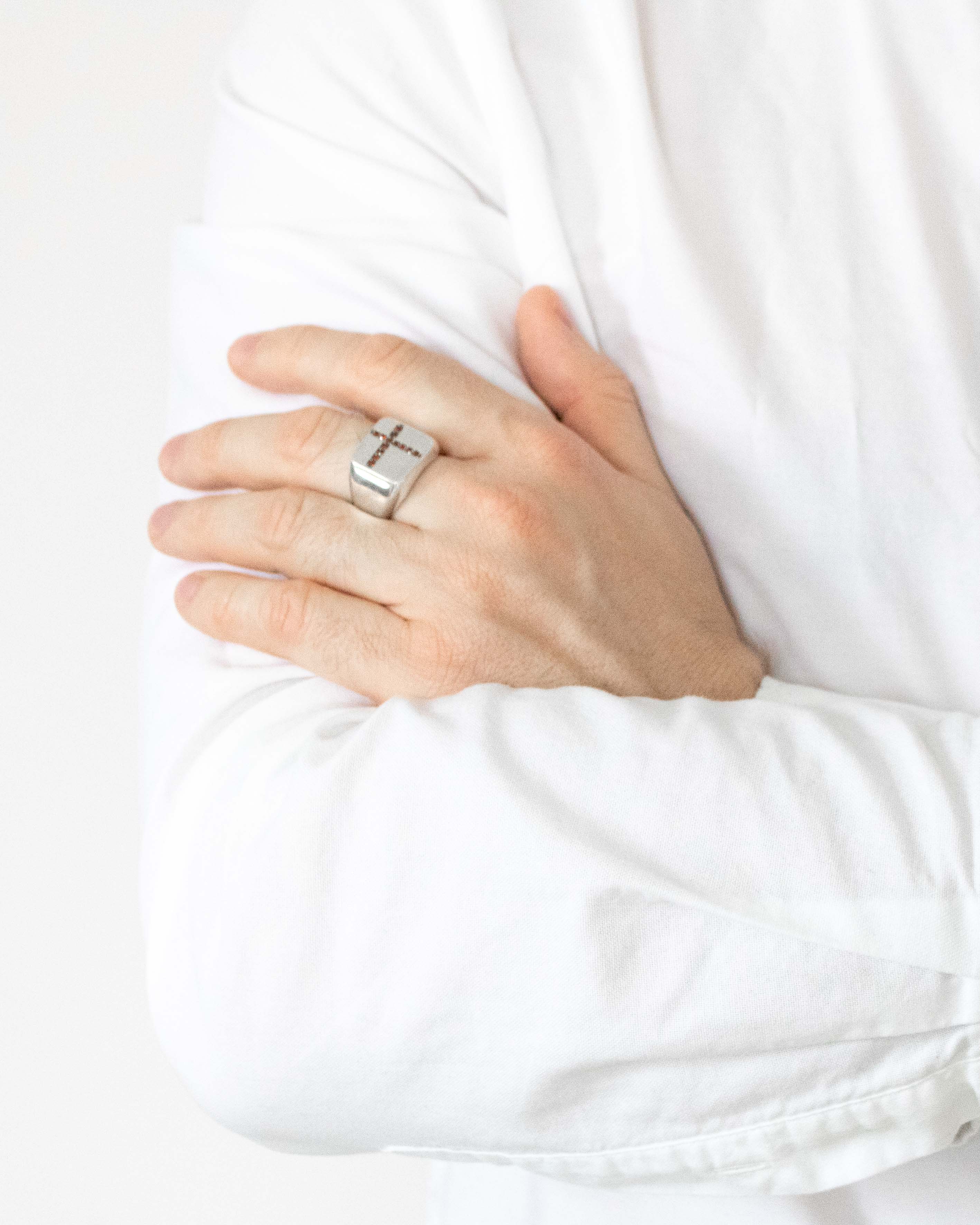 Red Cross Ring Minimalist Silver Signet with Garnets CZ