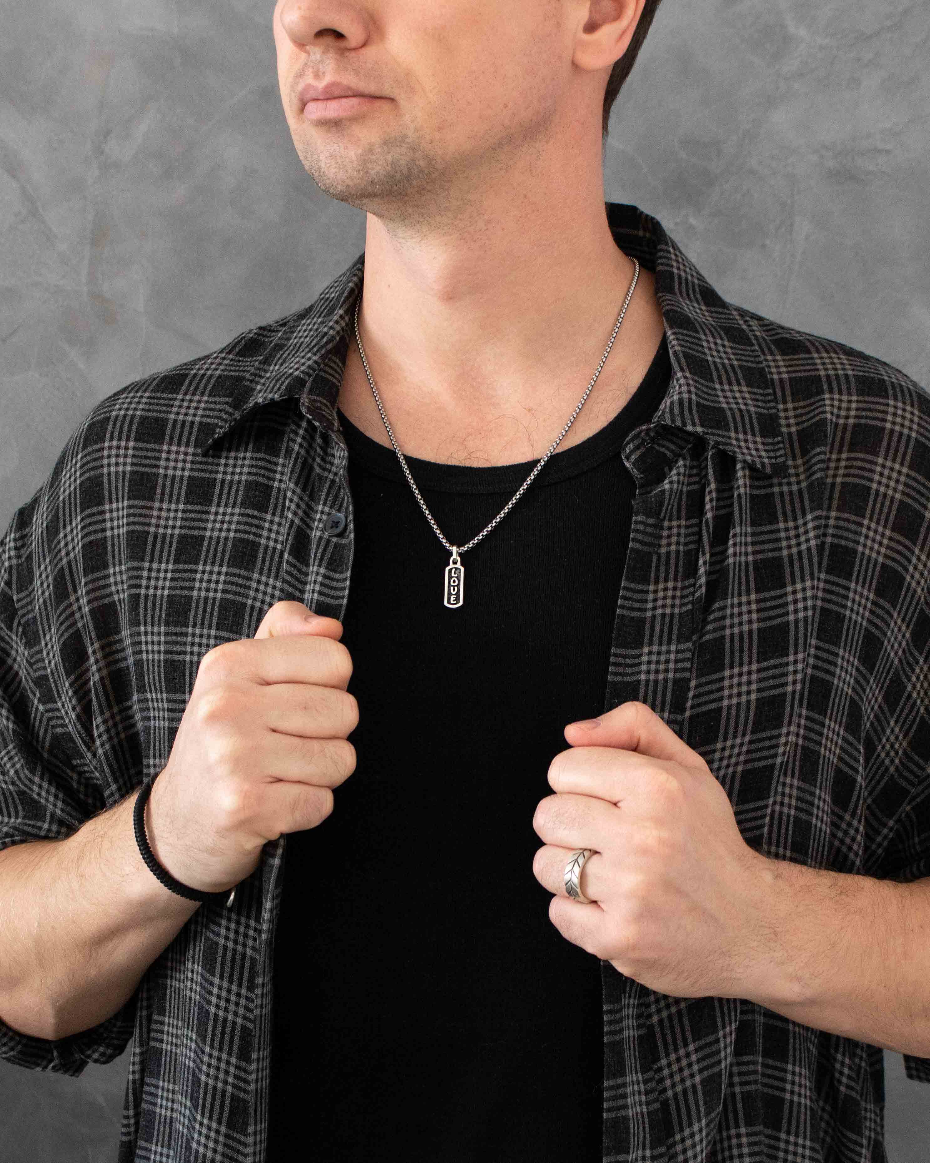 Tiny Silver Amulet Necklace with Engraved Word LOVE