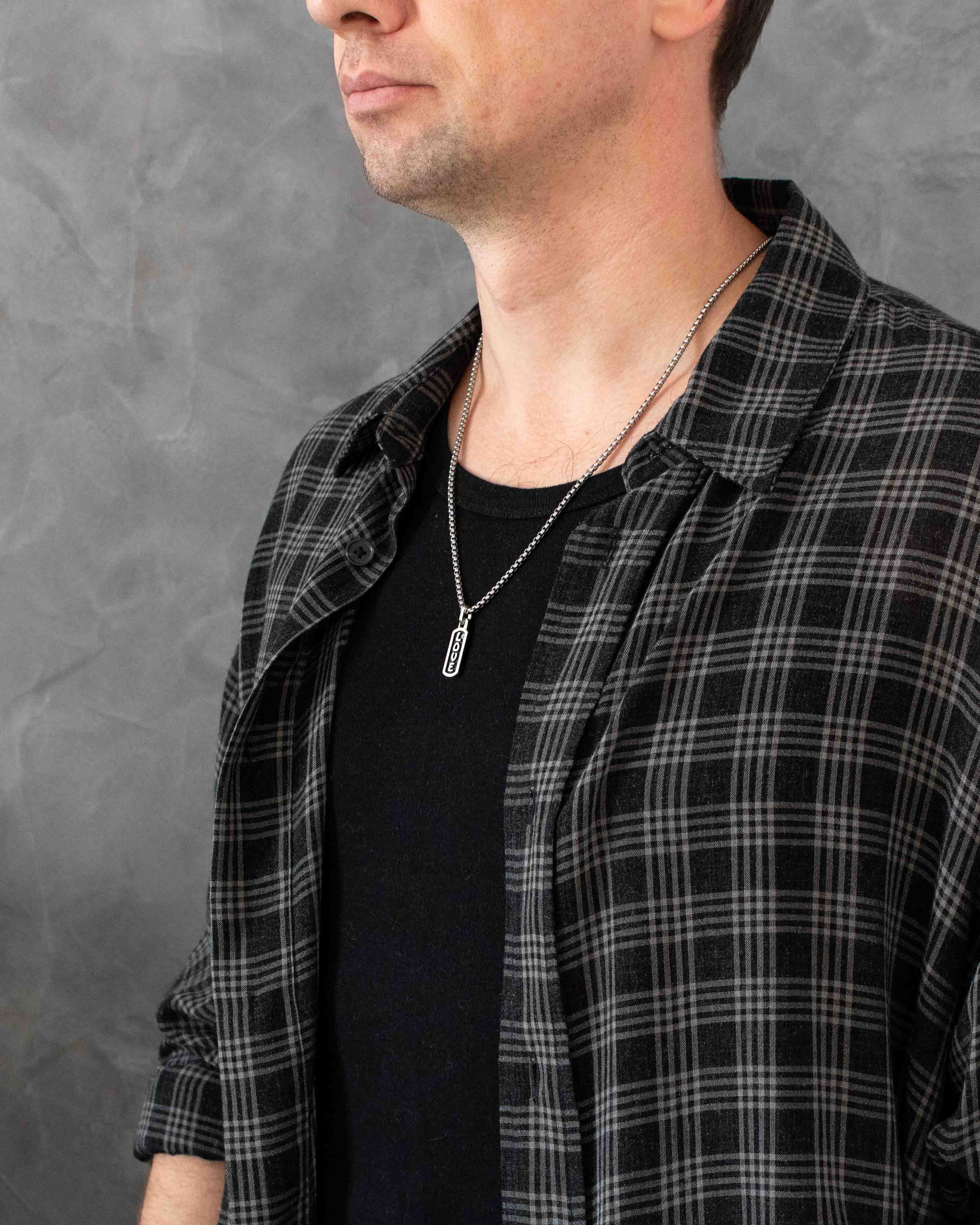 Tiny Silver Amulet Necklace with Engraved Word LOVE