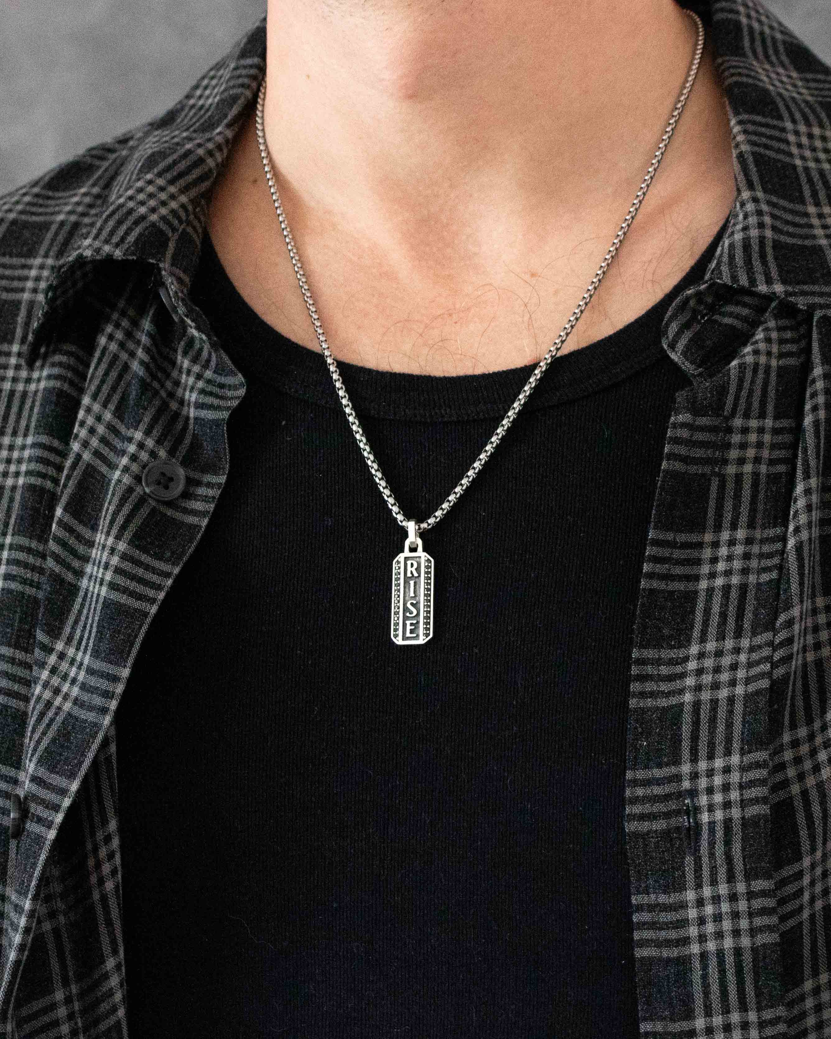 RISE Silver Motivational Necklace with Black Diamonds CZ