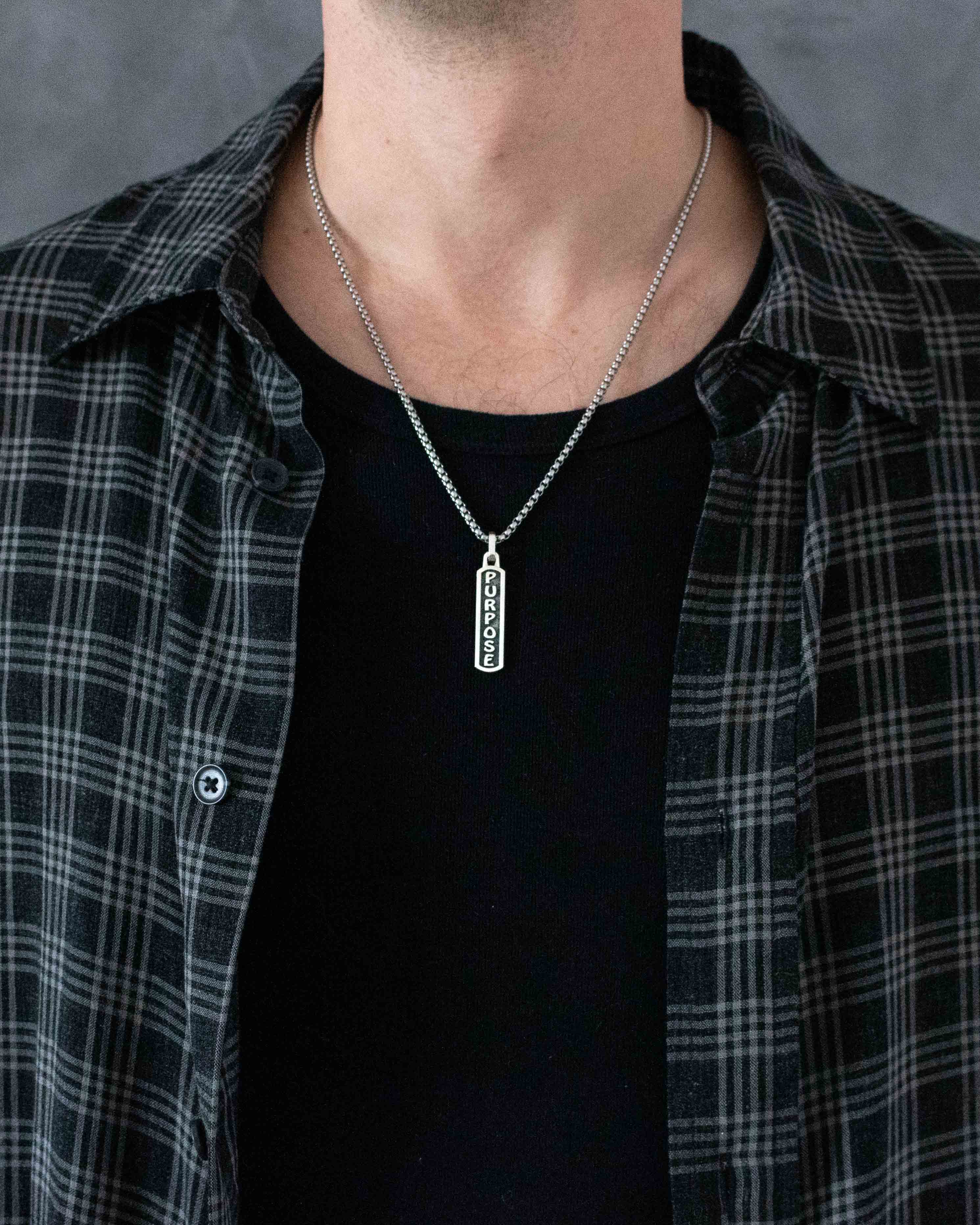 Engraved Word PURPOSE Small Amulet Necklace Silver